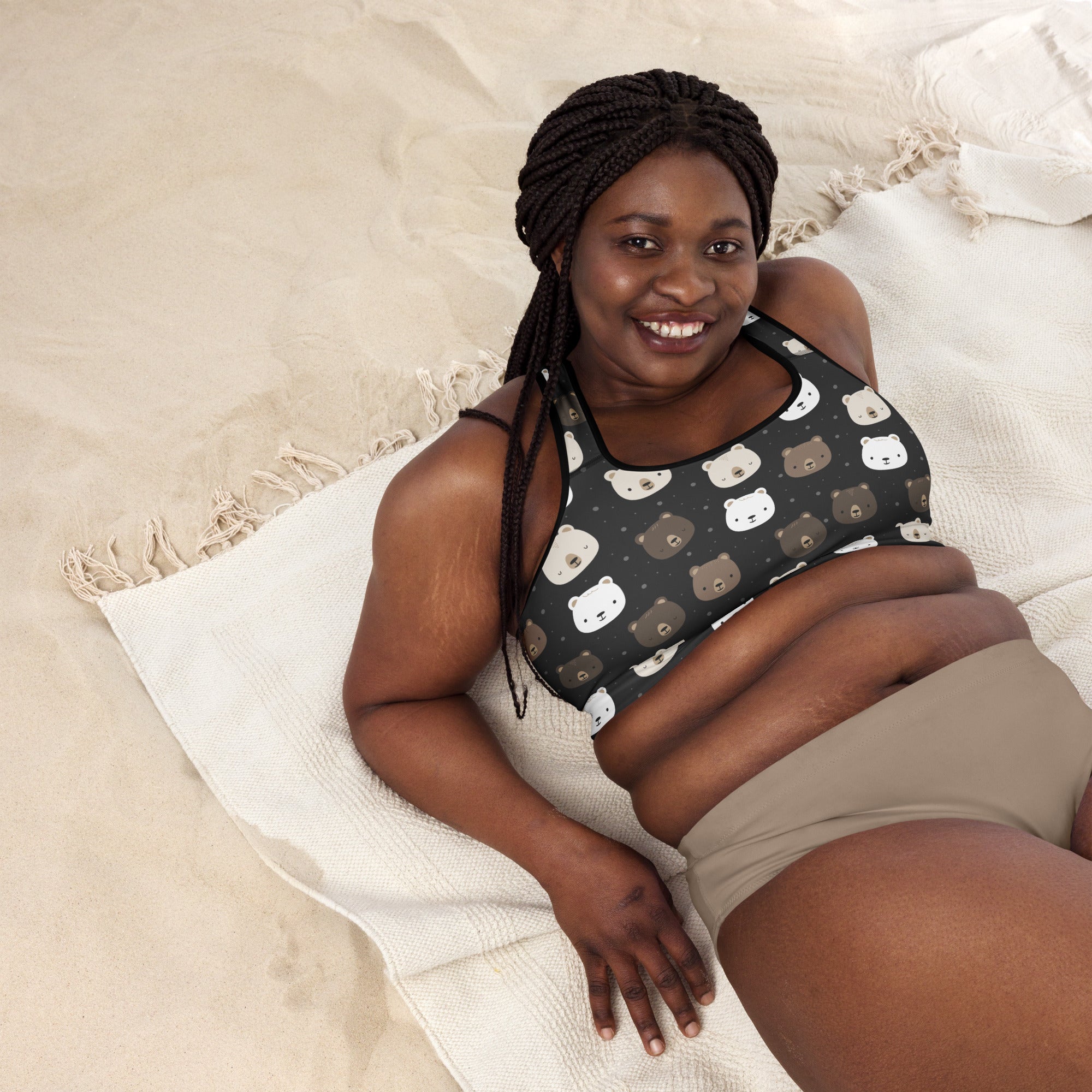 Women’s black padded sports bra with white and brown bear face print buttery soft supportive and quick dry