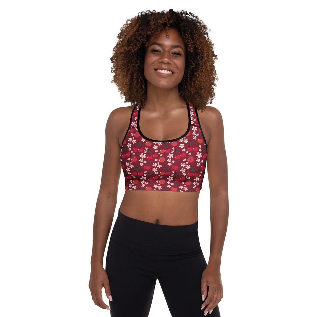 Women’s burgundy cherry blossom padded sports bra with white floral pattern black trim buttery soft quick-dry fabric