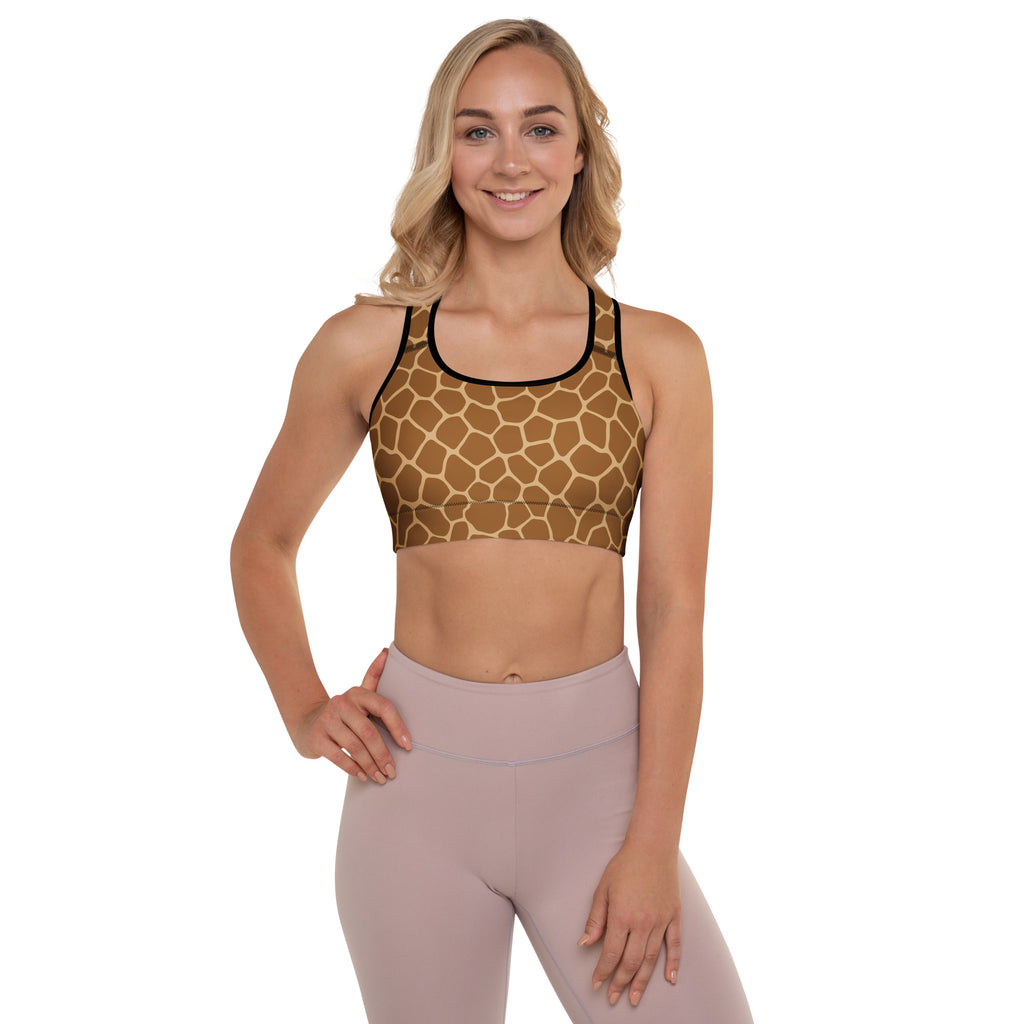 Women’s giraffe print padded sports bra with black trim made of buttery soft stretchy quick dry fabric