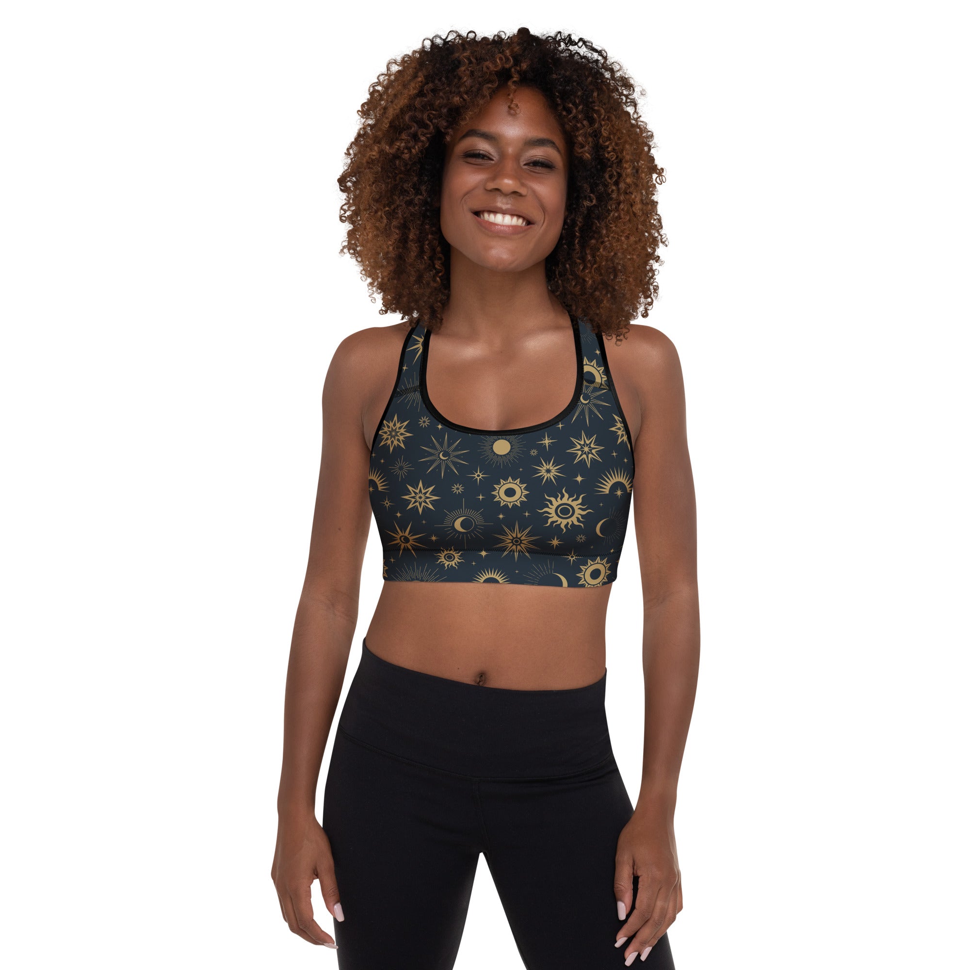 Dark blue womens celestial sun and moon padded sports bra with buttery soft fabric and quick-dry supportive design