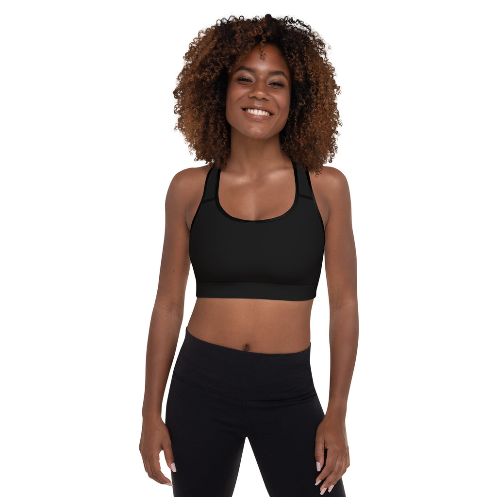 Women’s black padded sports bra with supportive straps seamless construction buttery soft quick-dry material