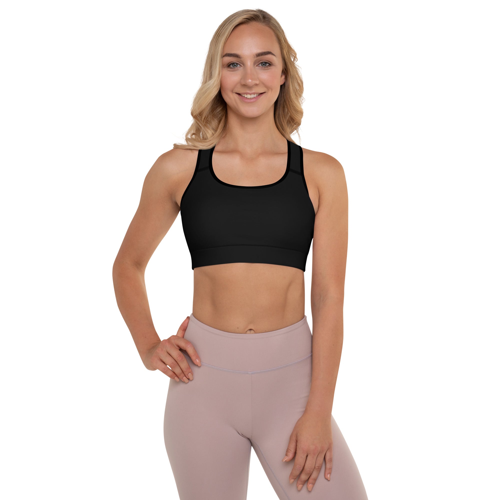 Women’s black padded sports bra with scoop neckline and adjustable straps made from buttery soft quick-dry fabric