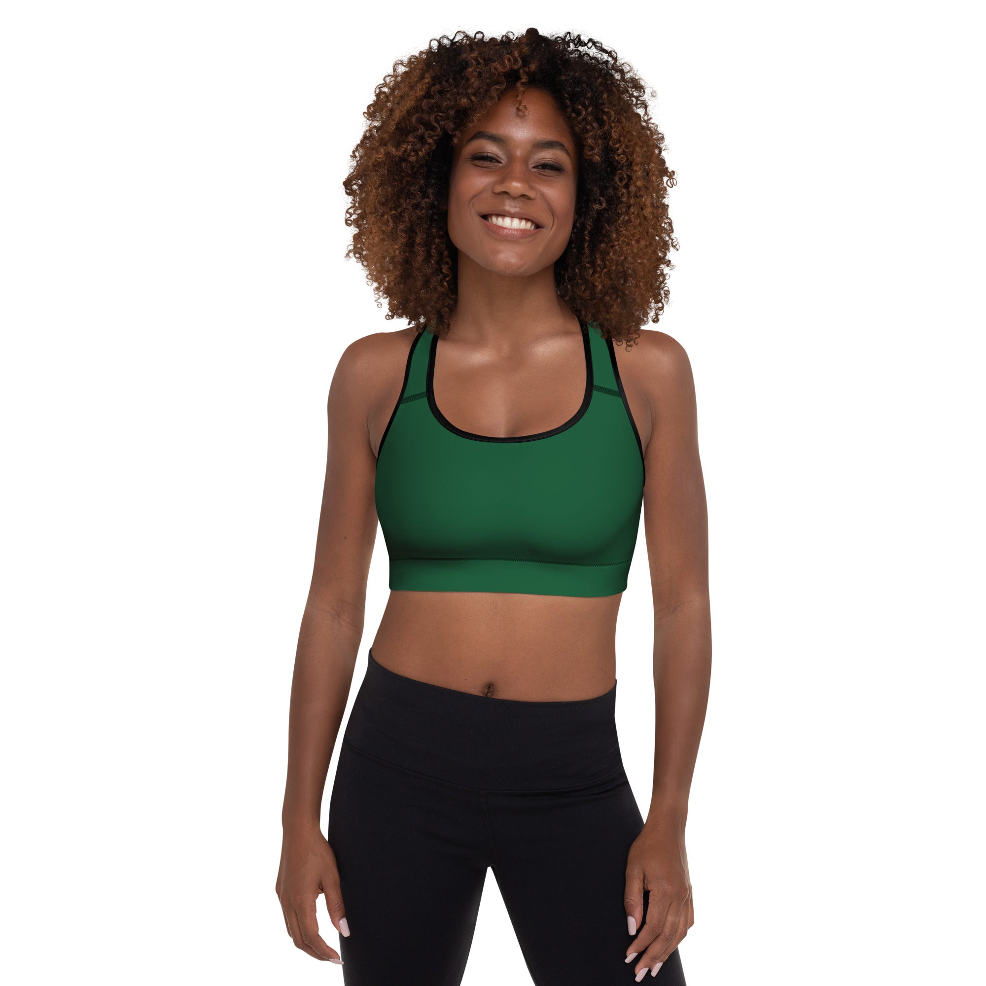 Women’s dark green padded sports bra with black trim made of buttery soft, supportive, and quick-dry material