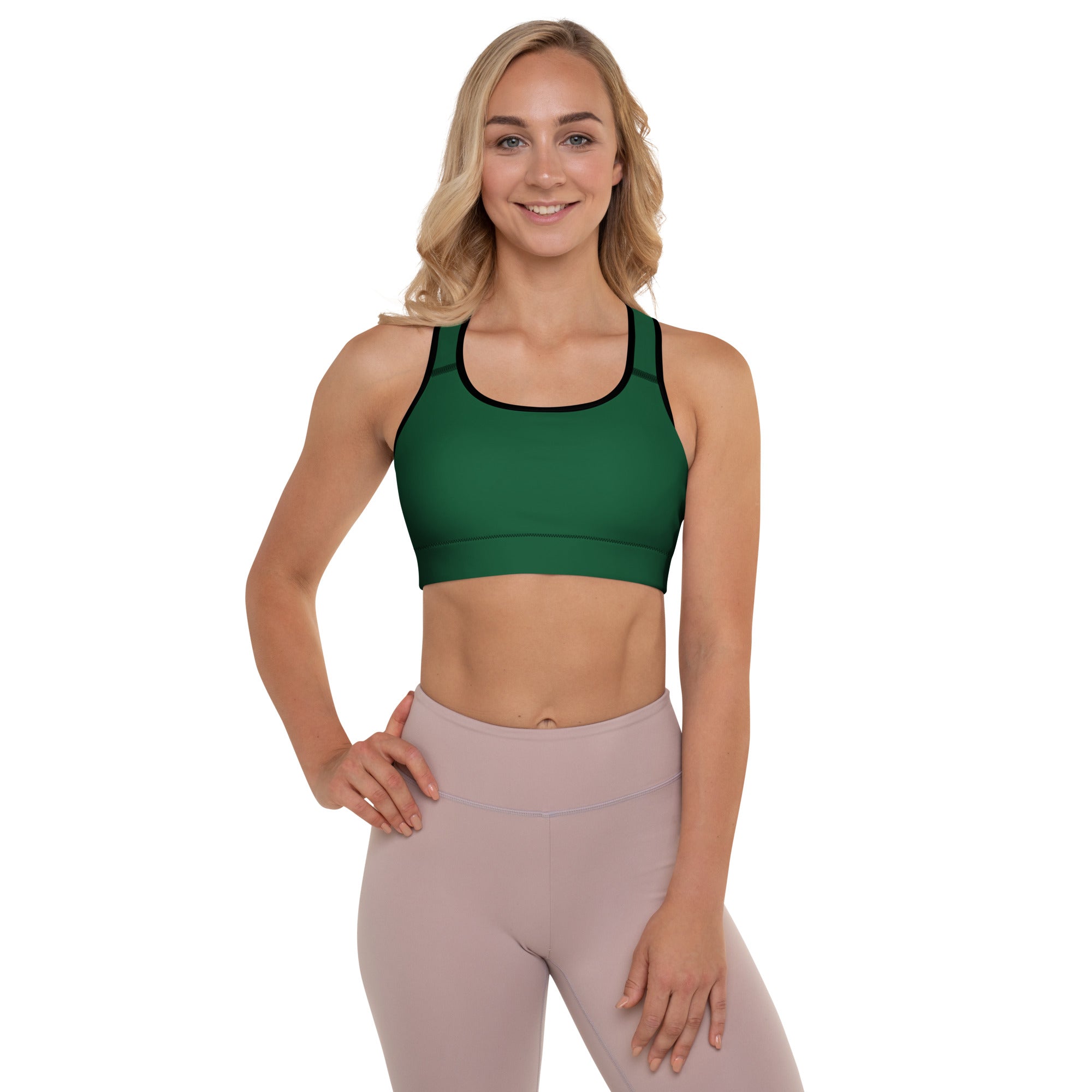 Women’s dark green padded sports bra with black trim, buttery soft fabric, supportive fit, and quick-dry material