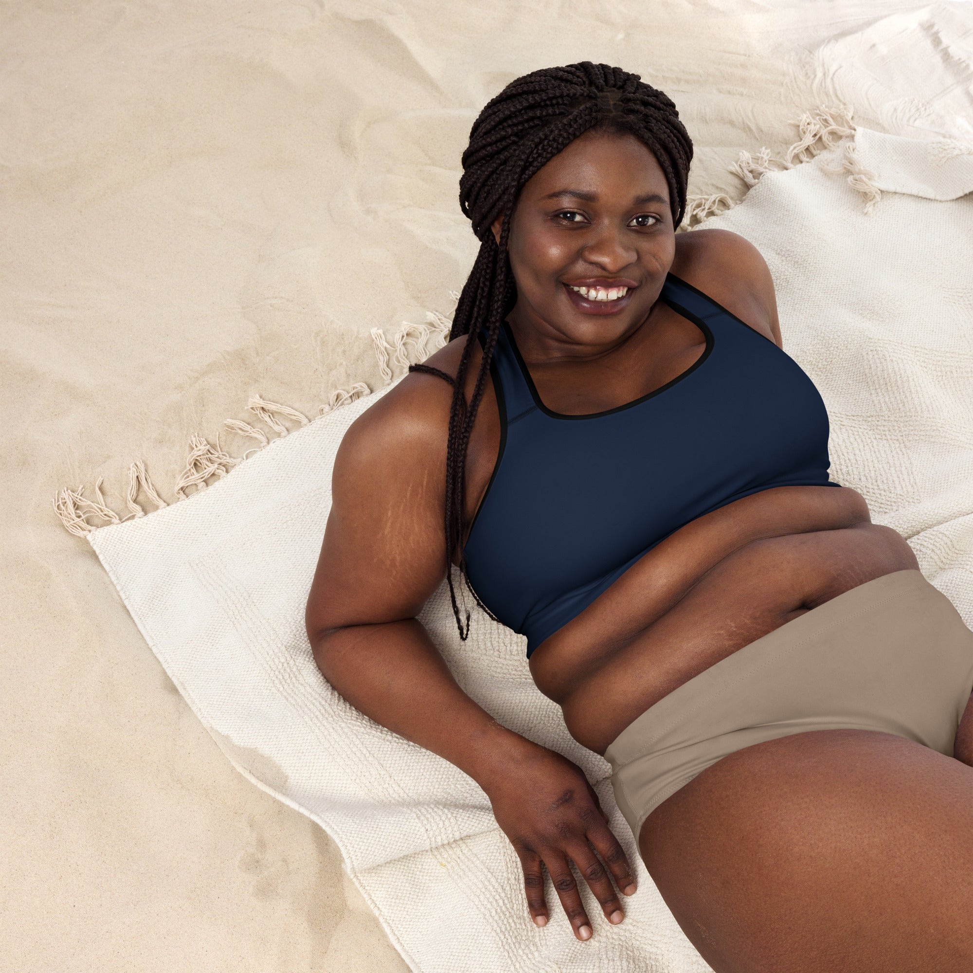 Women’s navy padded sports bra with black trim buttery soft supportive and quick dry fabric for active use