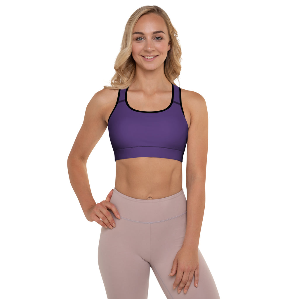 Women’s dark purple padded sports bra with black trim buttery soft supportive quick-dry fabric for active use