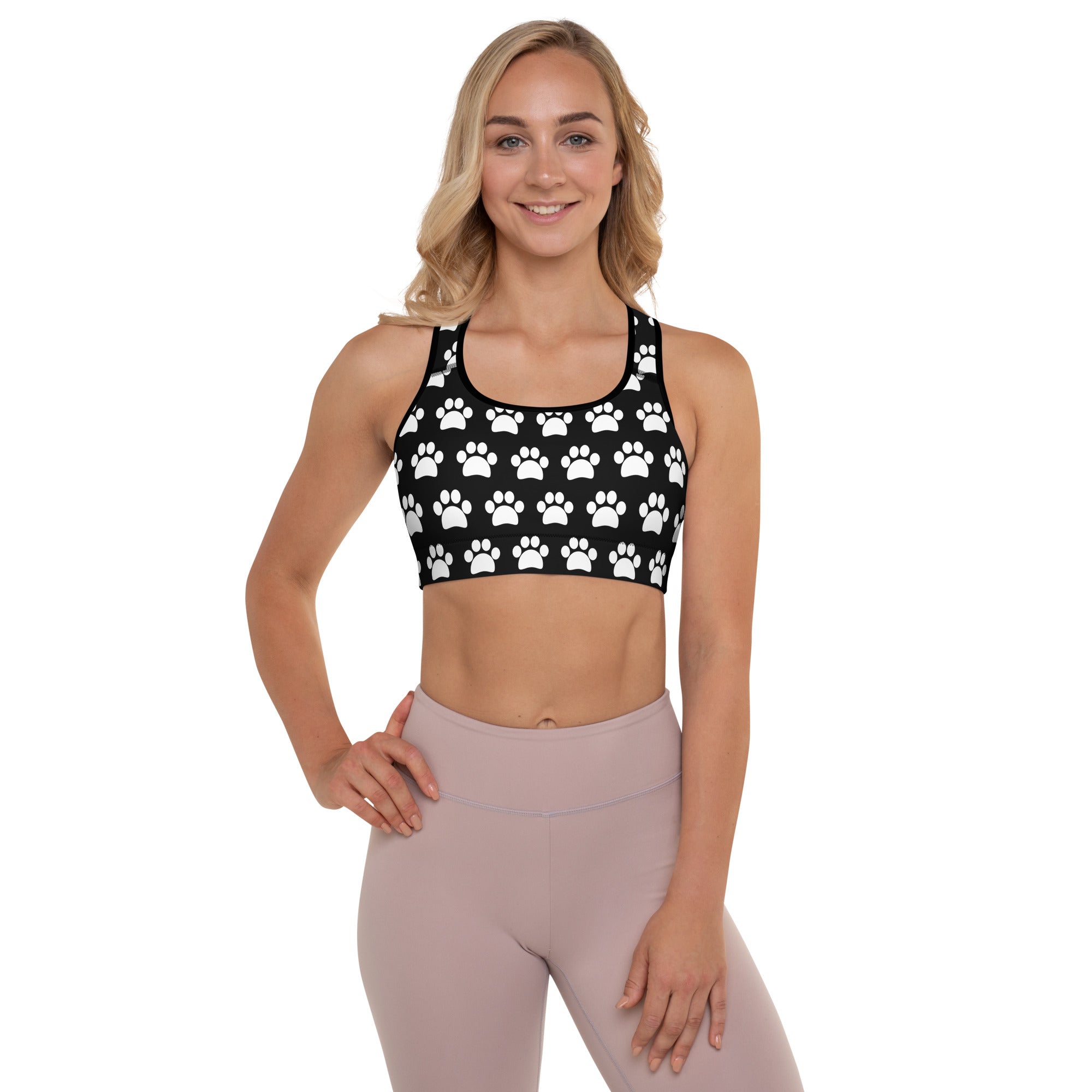 Women’s black paw print padded sports bra with buttery soft fabric supportive fit and quick-dry material