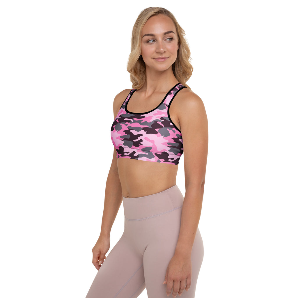 Women’s pink camouflage padded sports bra with black trim buttery soft supportive and quick-dry fabric