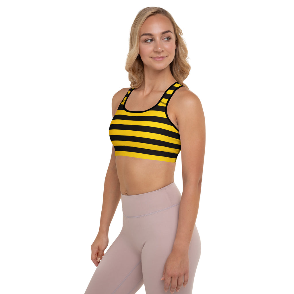 Yellow and black striped women’s bee stripes padded sports bra with racerback design buttery soft supportive quick dry