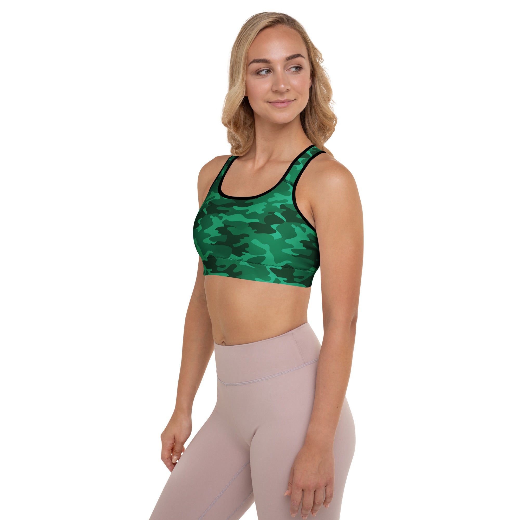 Women’s green camouflage padded sports bra with black trim buttery soft supportive and quick-dry material