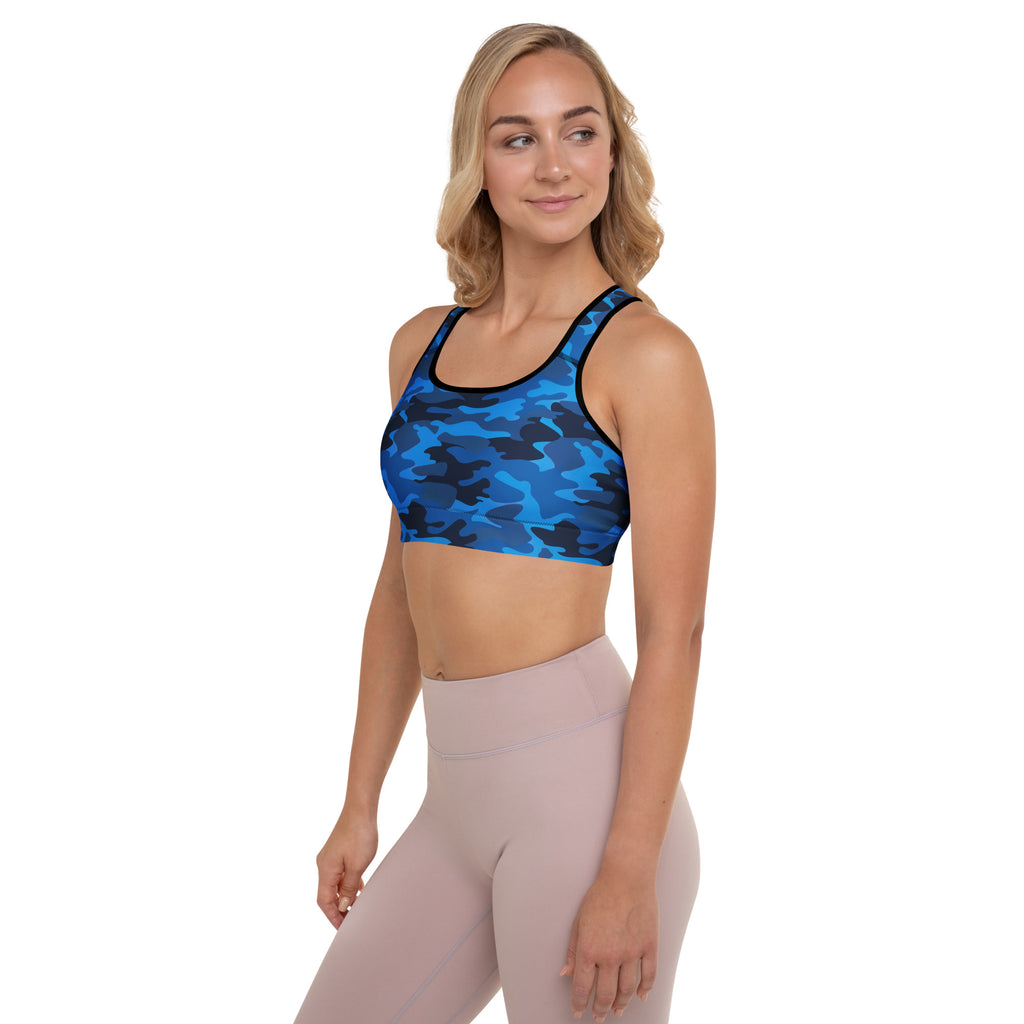 Women’s blue and black camouflage padded sports bra with buttery soft fabric supportive design and quick-dry material