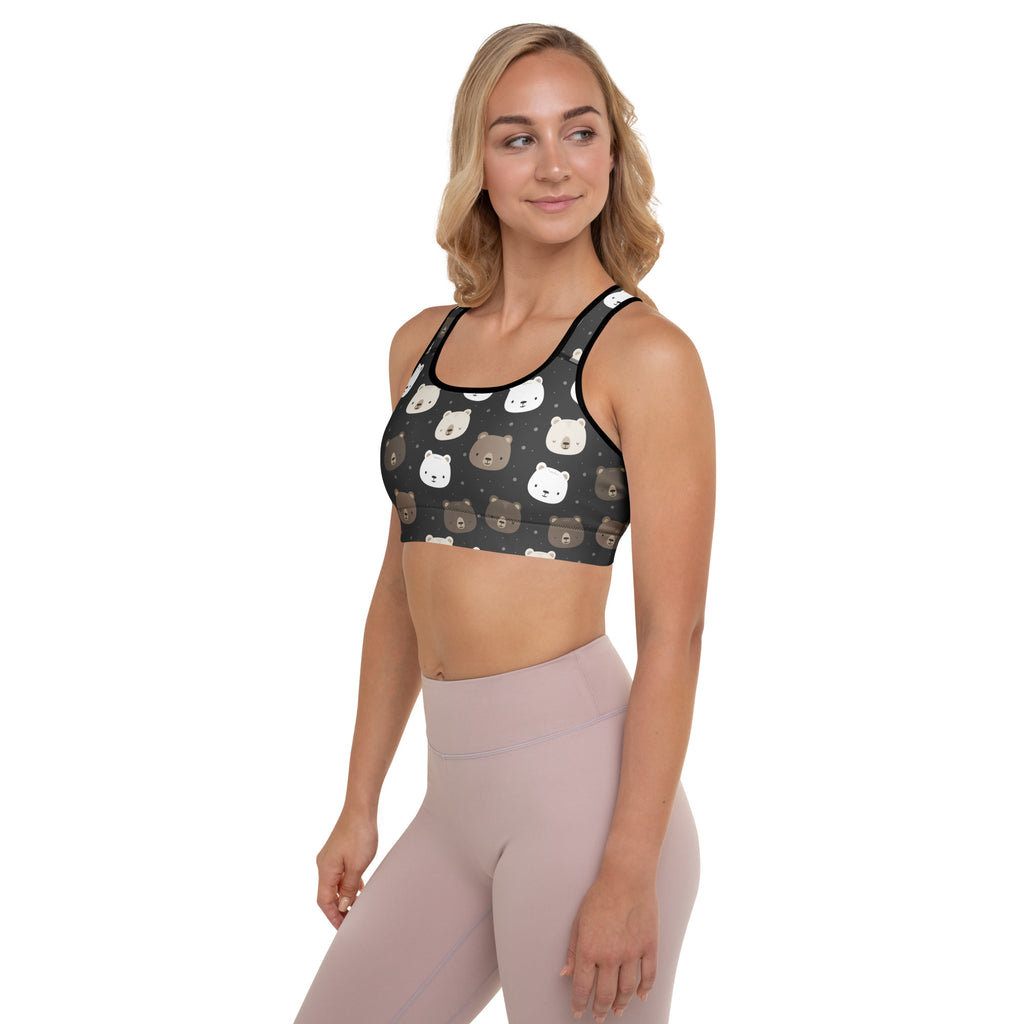 Women’s black padded sports bra with playful white and brown bear faces buttery soft supportive quick-dry fabric