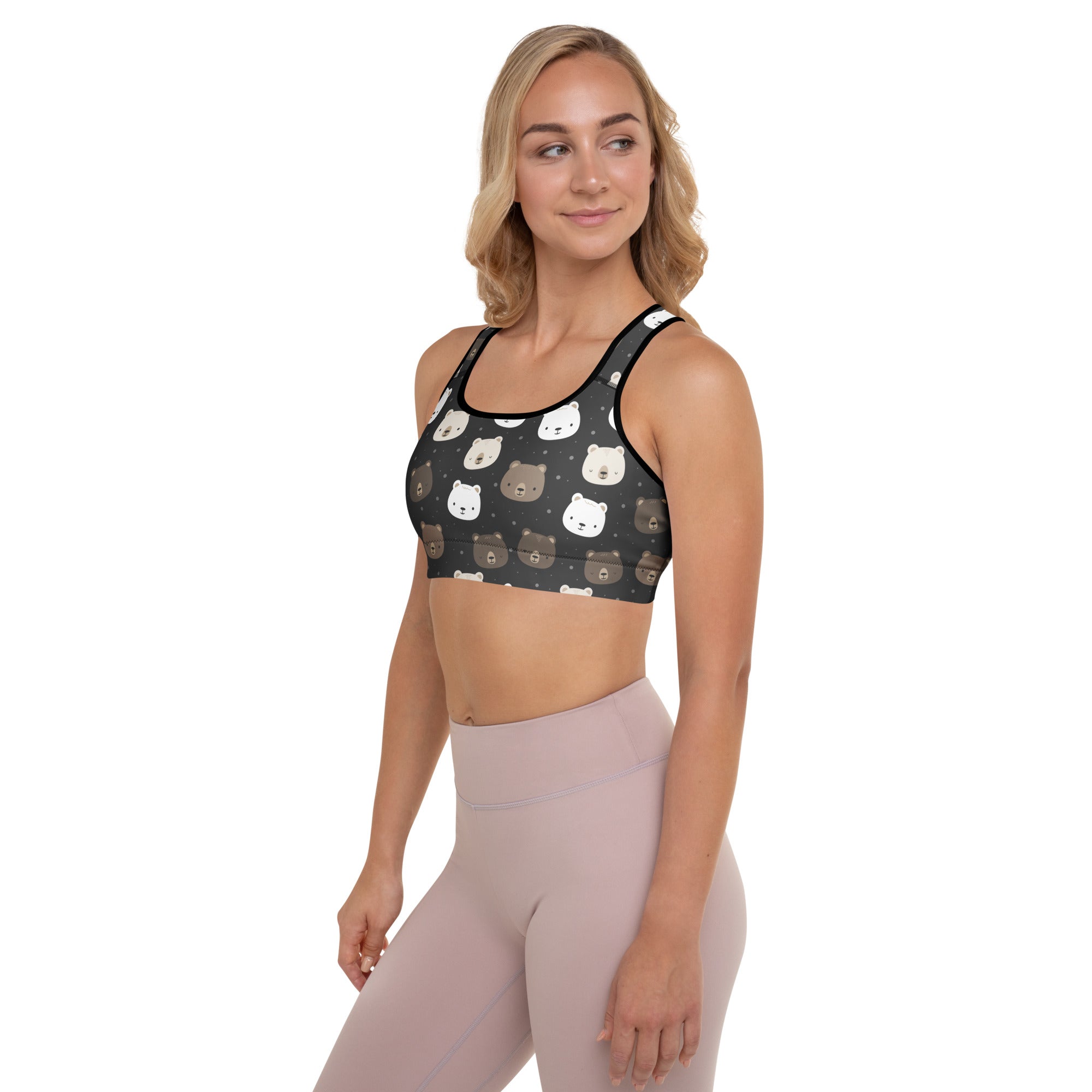 Women’s black padded sports bra with playful white and brown bear faces buttery soft supportive quick-dry fabric