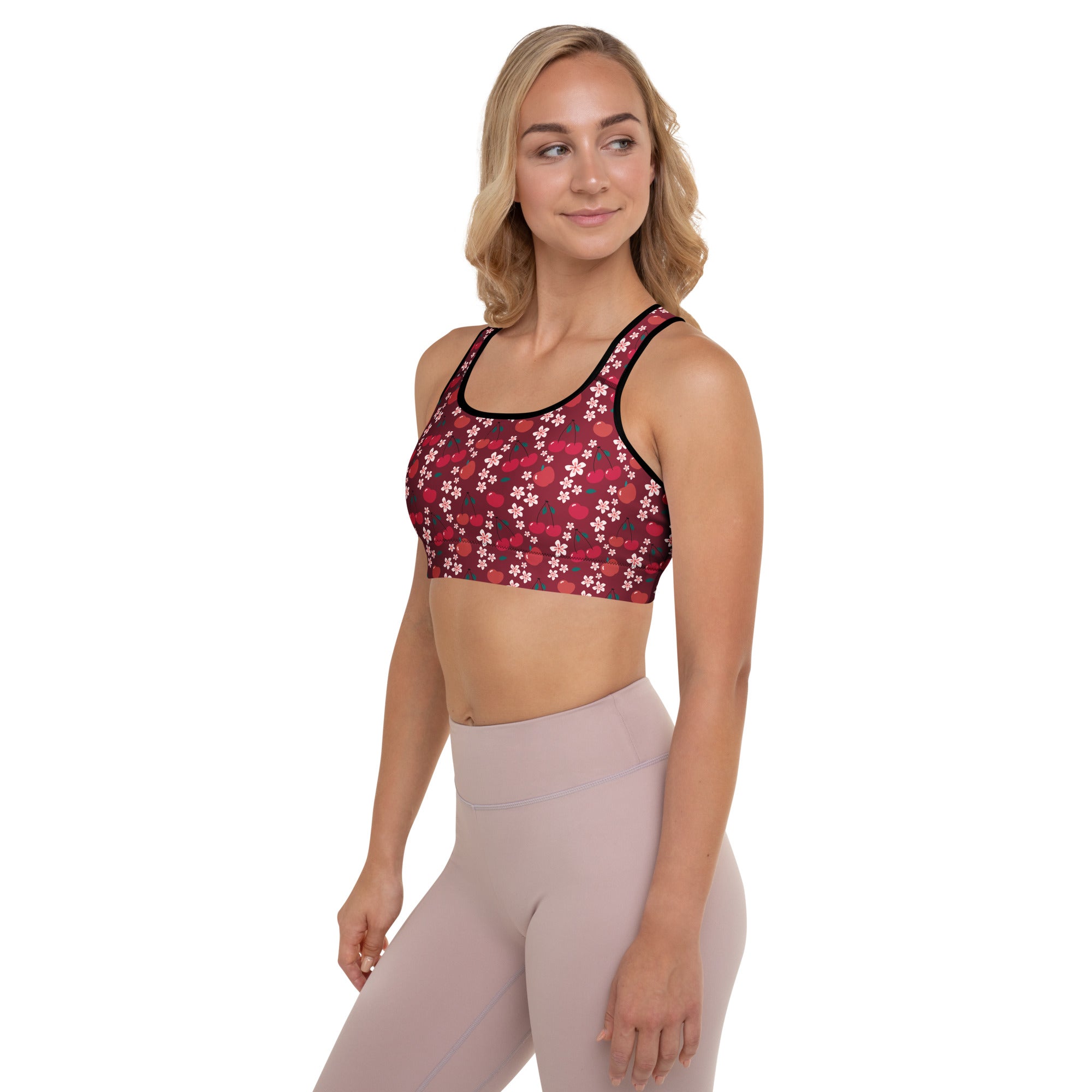 Women’s burgundy cherry blossom padded sports bra with white floral pattern black trim buttery soft supportive quick-dry