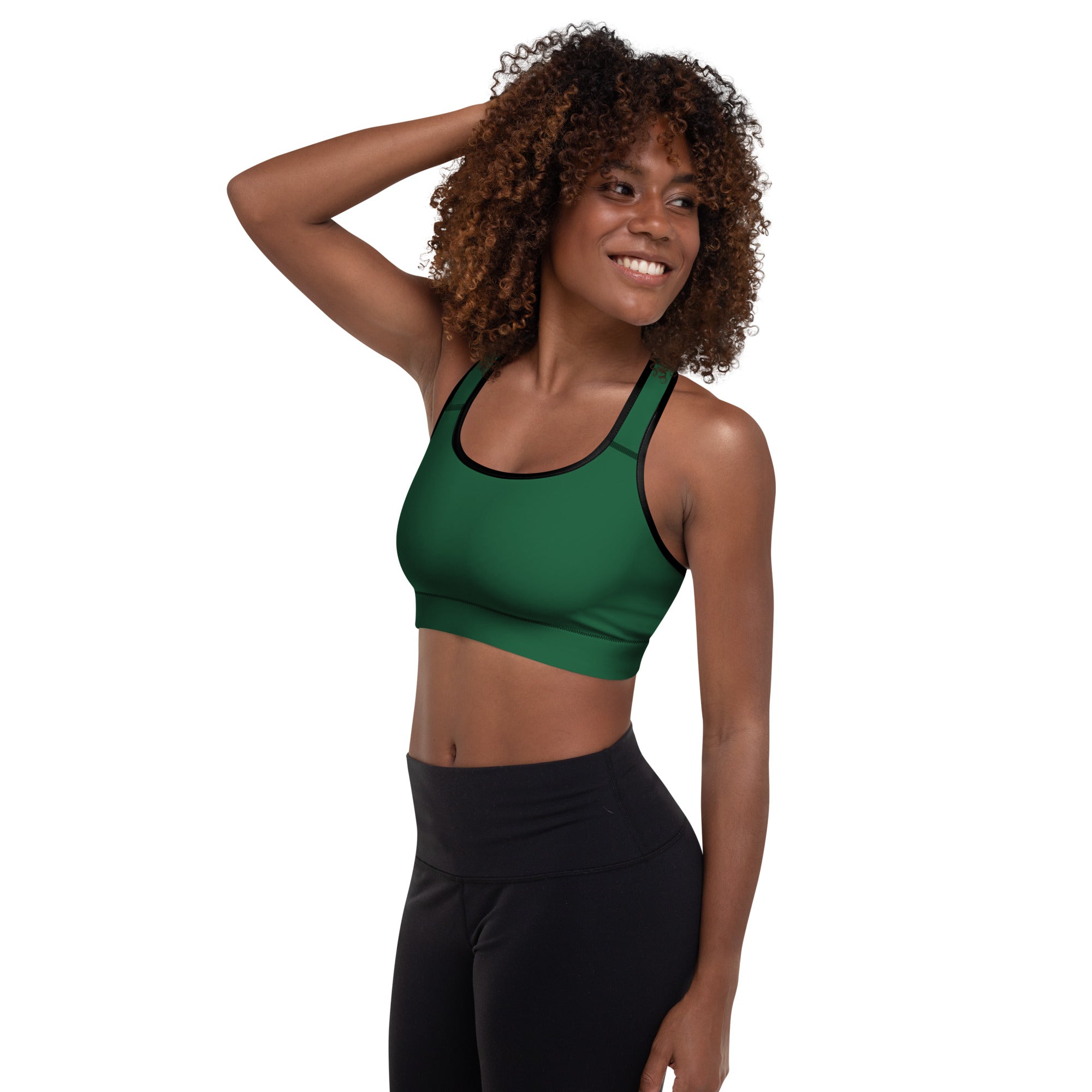 Women’s dark green padded sports bra with black trim buttery soft supportive and quick-dry material
