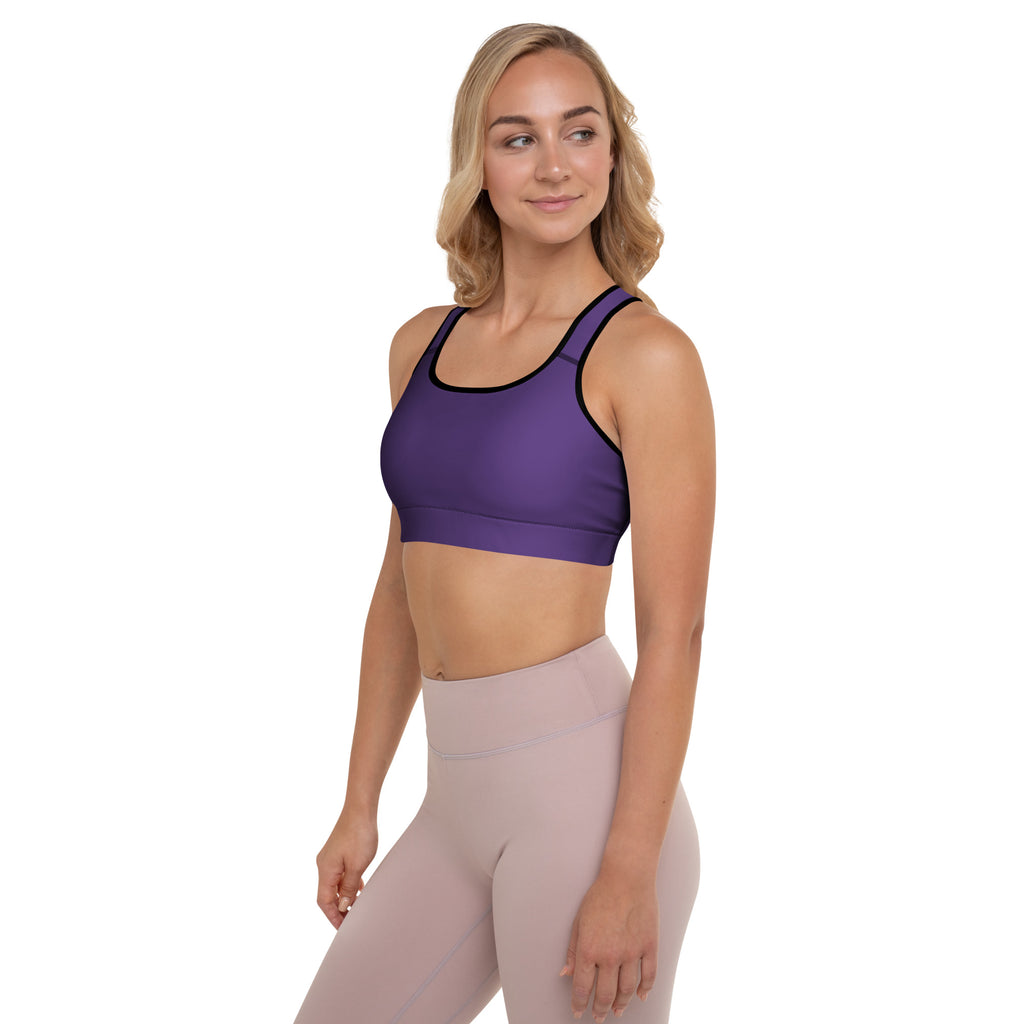 Purple padded sports bra with black trim featuring buttery soft fabric, supportive design, and quick-dry technology