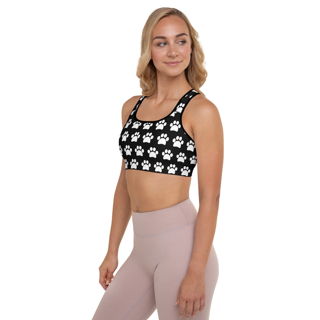 Women’s black paw print padded sports bra with buttery soft fabric supportive fit and quick-dry material