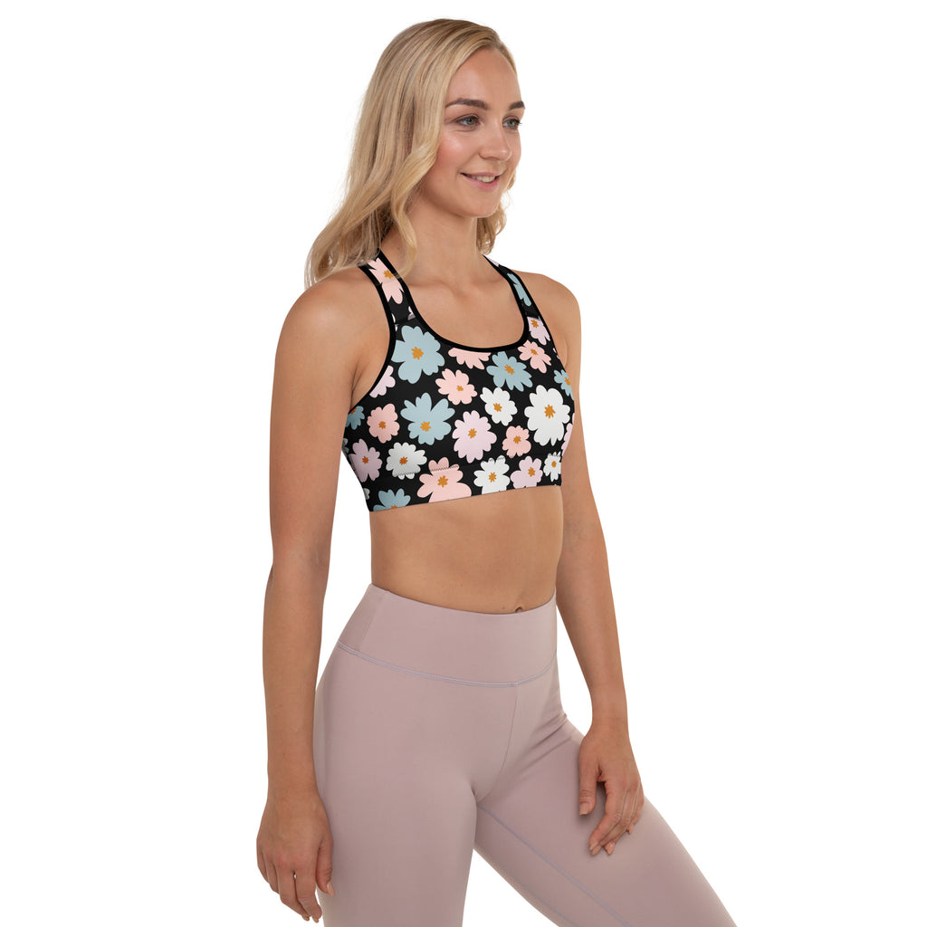 Black women’s retro floral padded sports bra with pastel pink white and blue daisies buttery soft quick dry