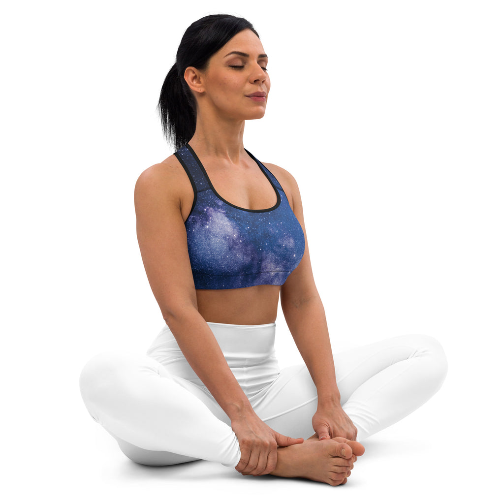 Blue galaxy-print padded sports bra with black trim buttery soft supportive and quick-dry for women