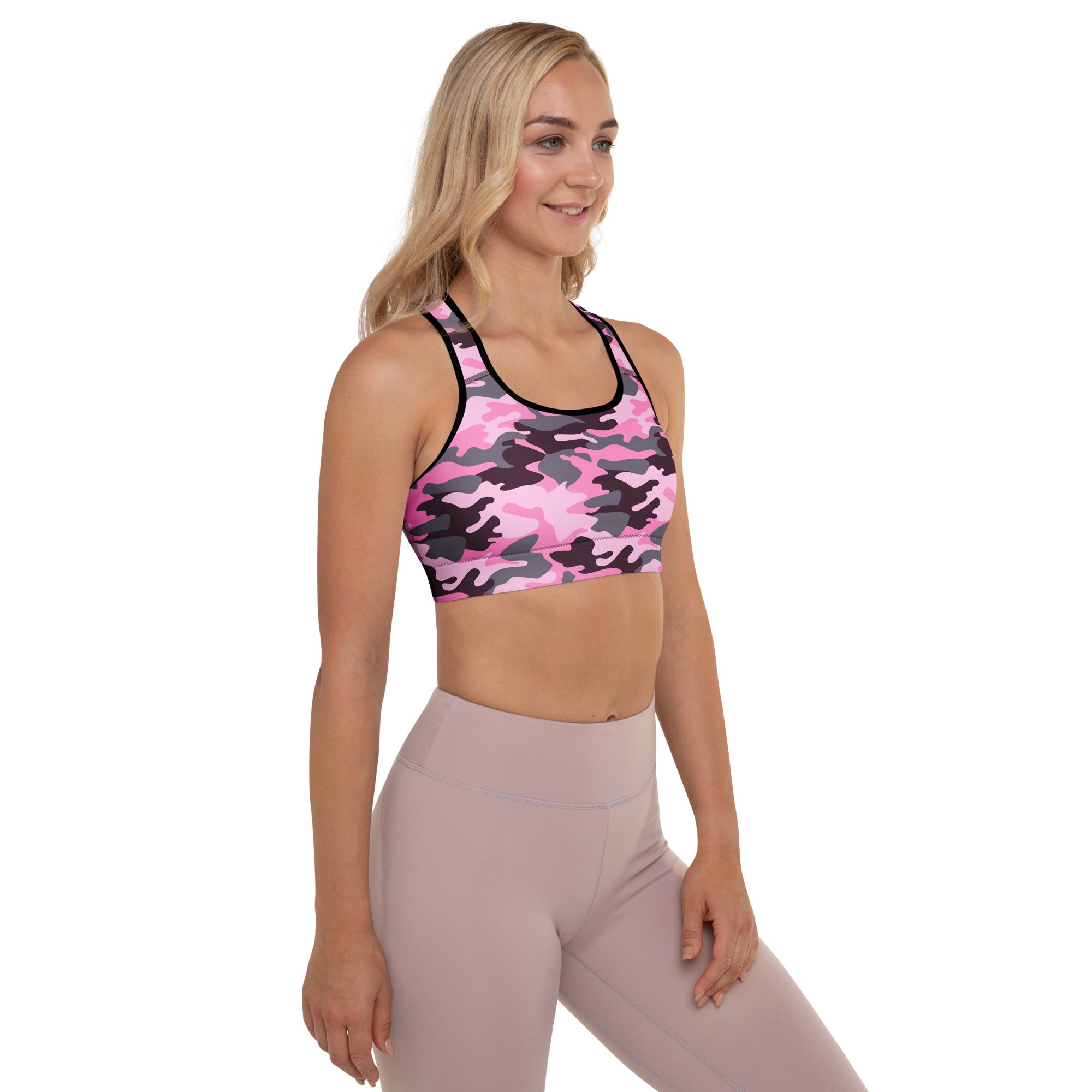 Pink and black camouflage padded sports bra with racerback design buttery soft supportive and quick dry material