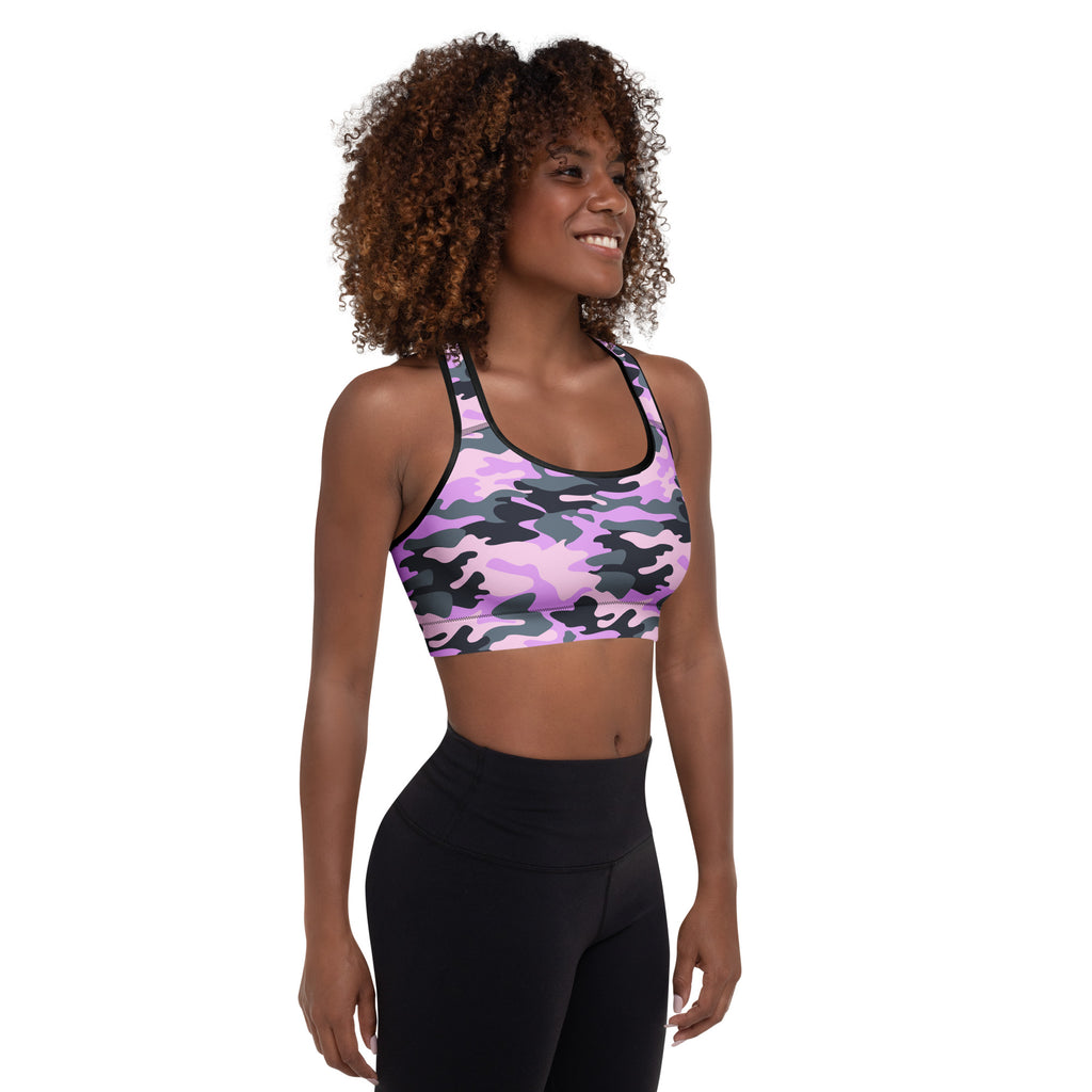 A vibrant purple camouflage padded sports bra with a supportive lavender and black racerback design