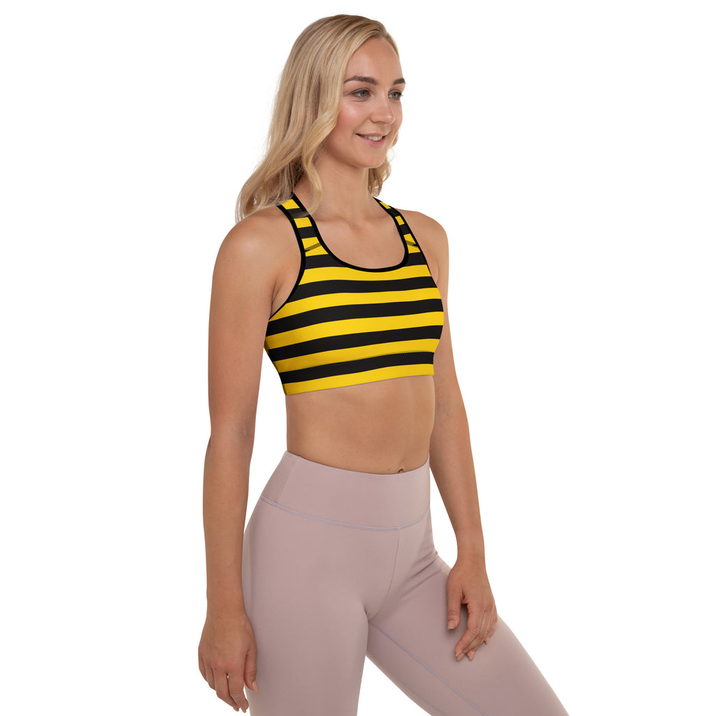 Yellow and black striped women’s bee stripes padded sports bra with ribbed texture buttery soft and quick-dry