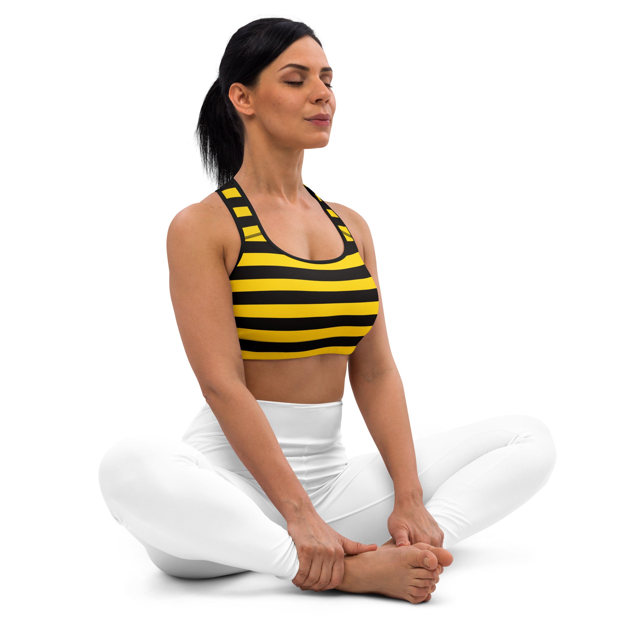 Women’s bee stripes padded sports bra in black and yellow with racerback design supportive buttery soft quick-dry