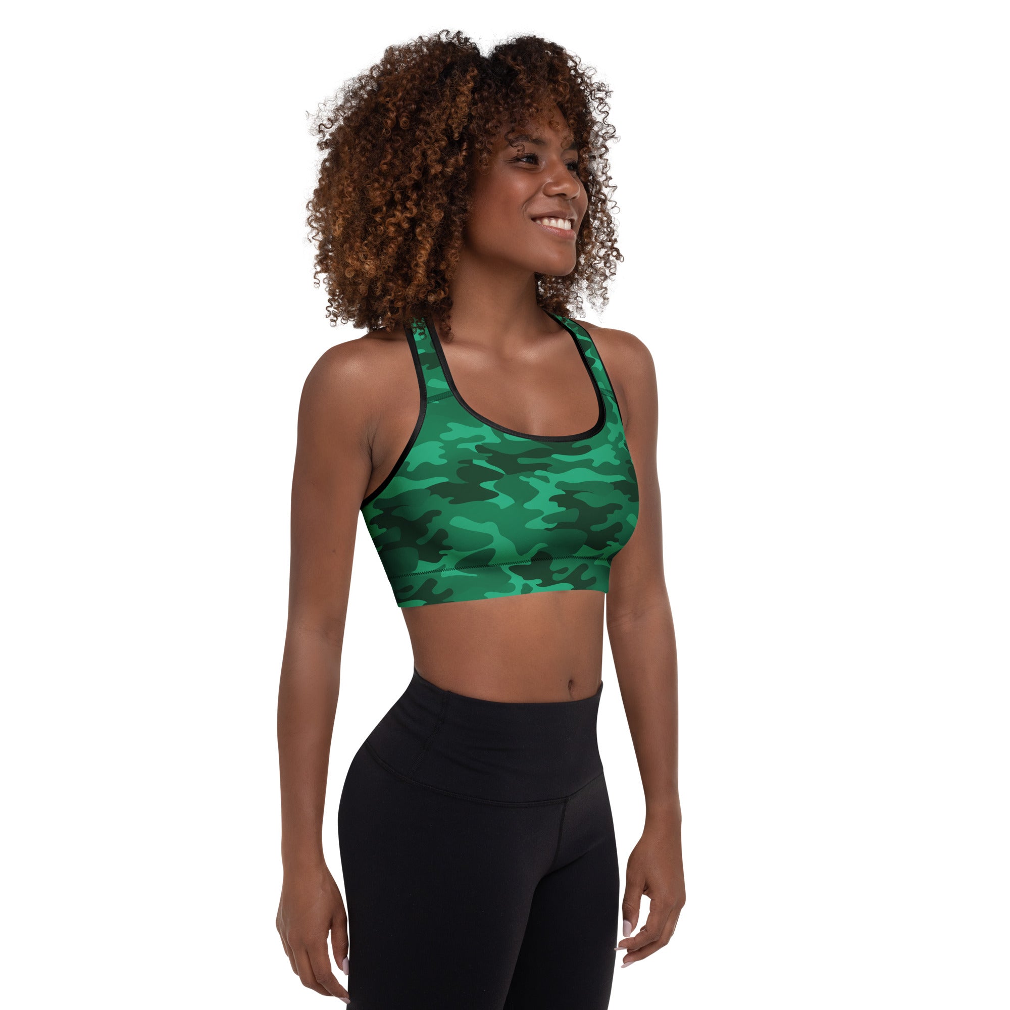Women’s green camouflage padded sports bra with black trim buttery soft supportive and quick-dry fabric