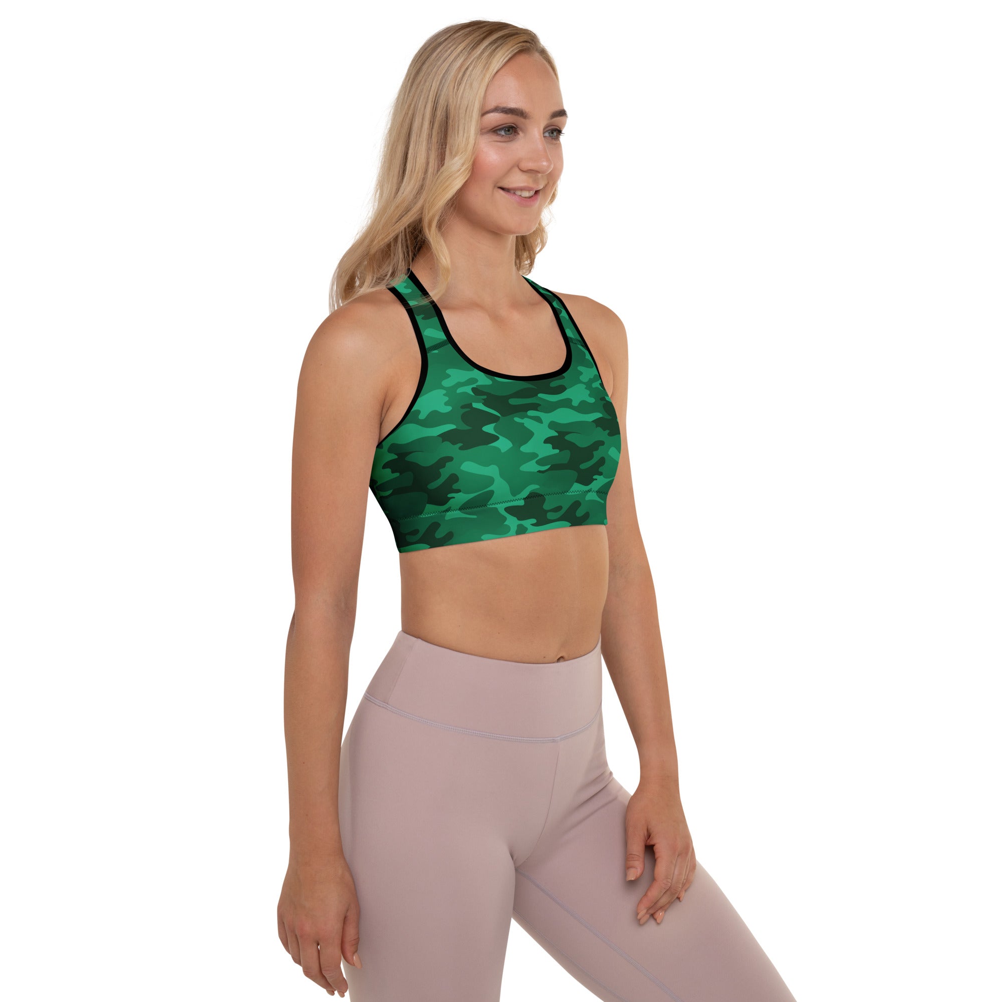 Women’s green camouflage padded sports bra with black trim buttery soft supportive and quick-dry material