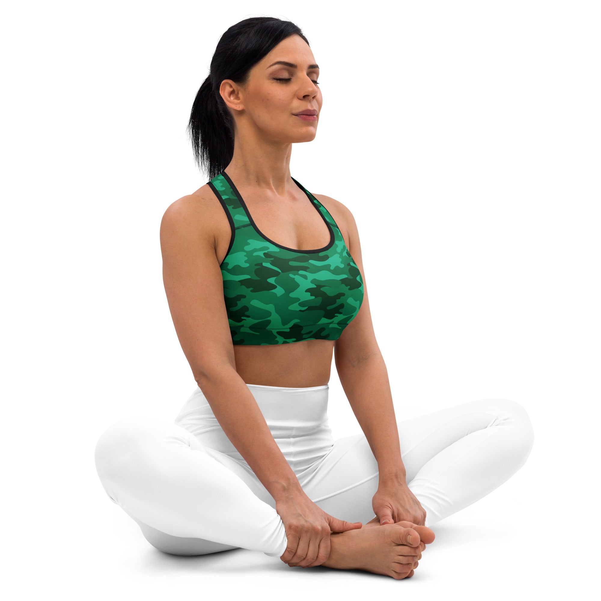 Women’s green camouflage padded sports bra with black trim buttery soft supportive and quick-dry material