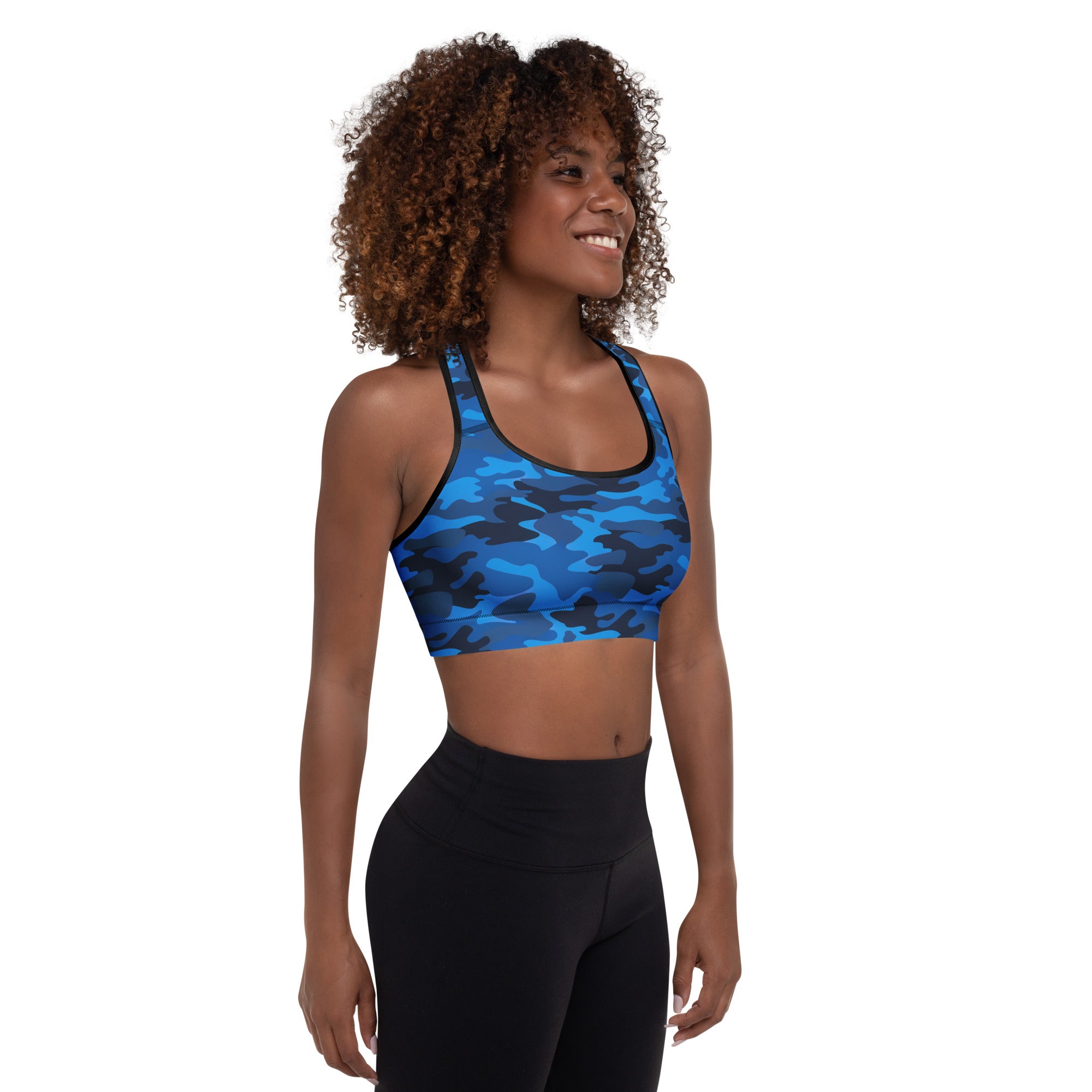 Women’s blue and black camouflage padded sports bra with black trim, buttery soft, supportive, and quick-dry material