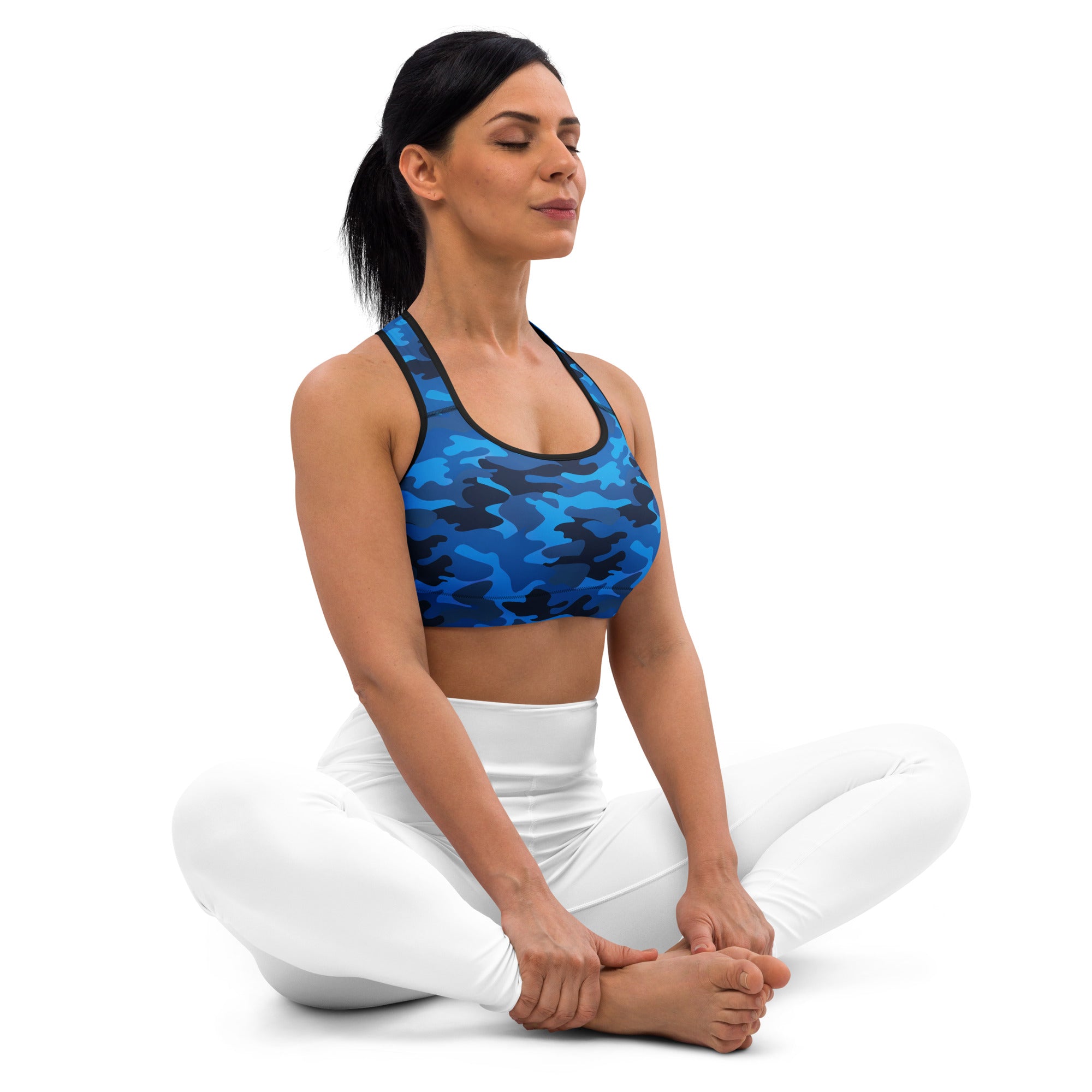Women’s blue camouflage padded sports bra with black trim buttery soft supportive and quick-dry fabric