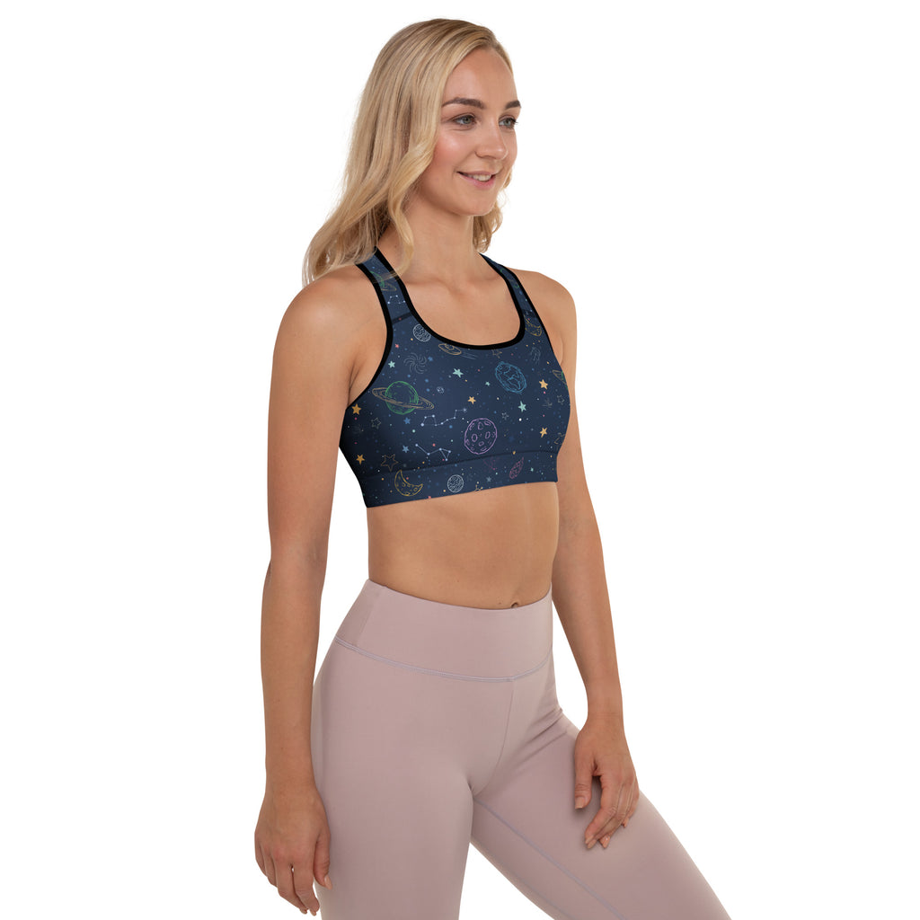 Navy blue womens colorful galaxy space padded sports bra with celestial pattern buttery soft supportive quick dry