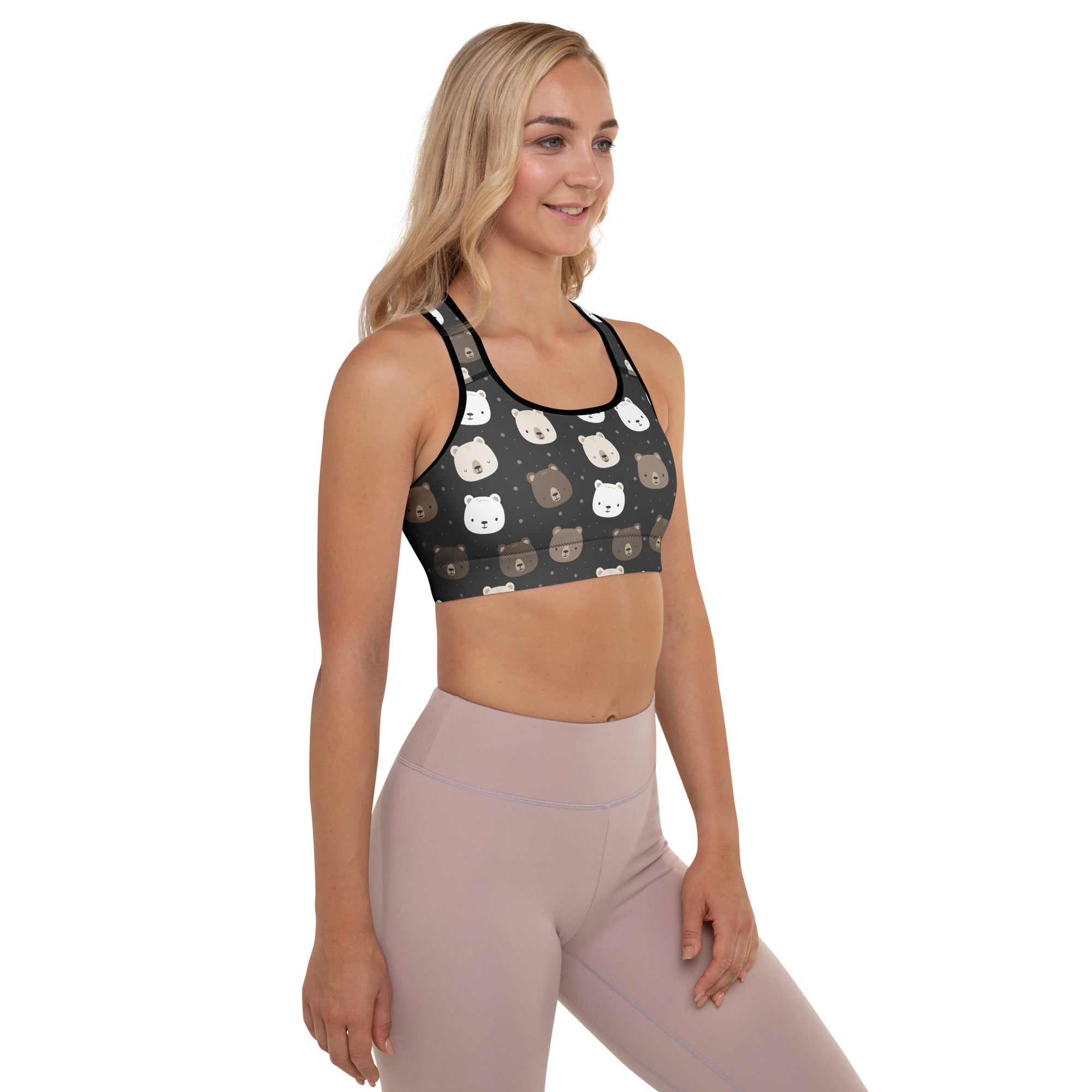Women’s black padded sports bra with white and gray bear print made from buttery soft quick-dry fabric