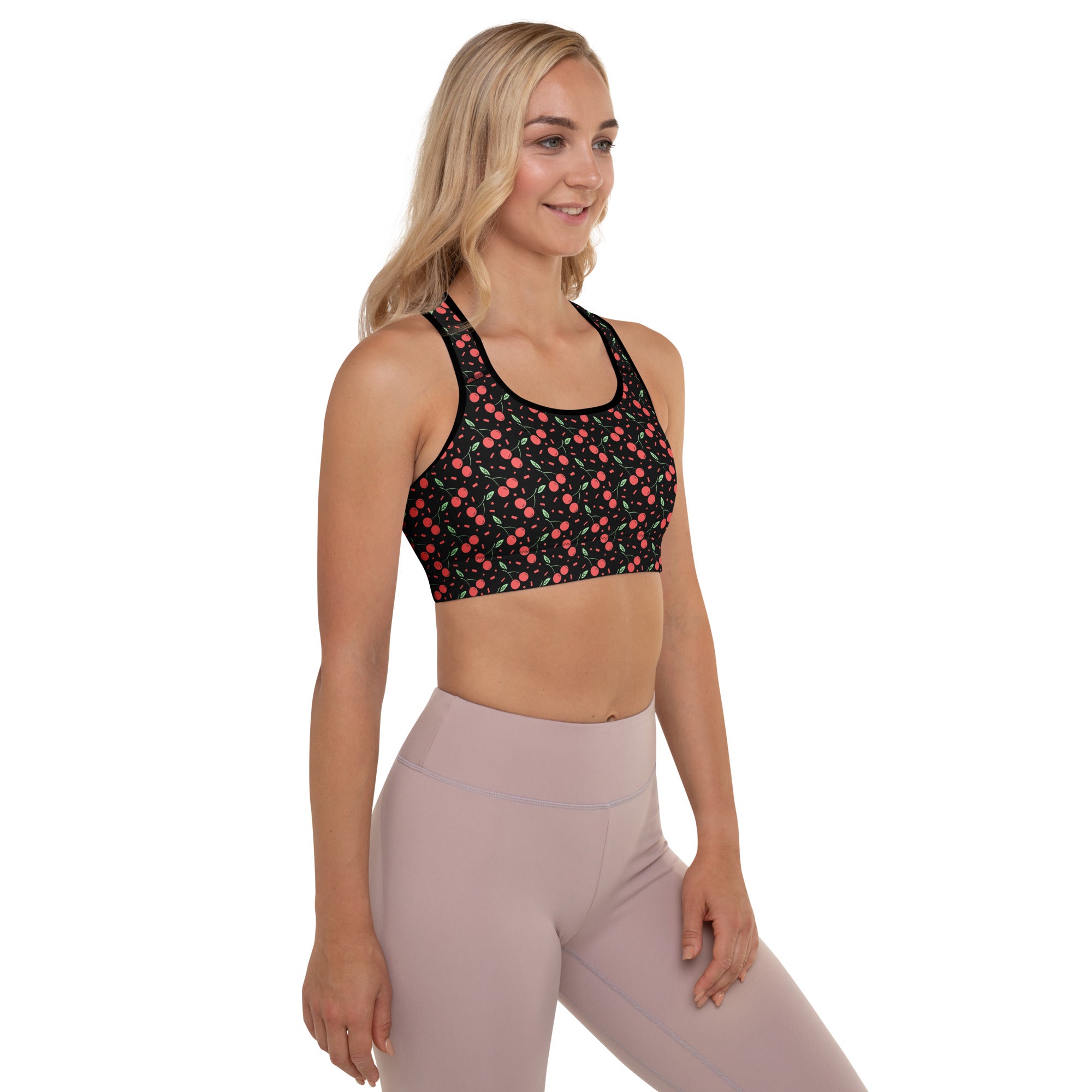 Women’s black cherry print padded sports bra with pink cherry pattern buttery soft supportive quick-dry material