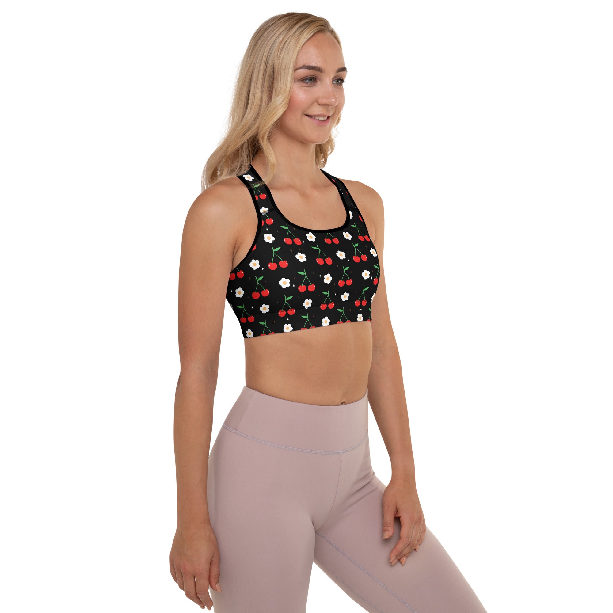 Women’s black cherry floral padded sports bra with red cherries white flowers buttery soft supportive quick-dry fabric