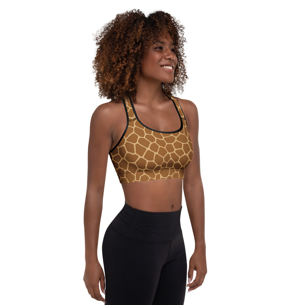 Women’s giraffe print padded sports bra with black trim stretchy form fitting buttery soft supportive quick dry material