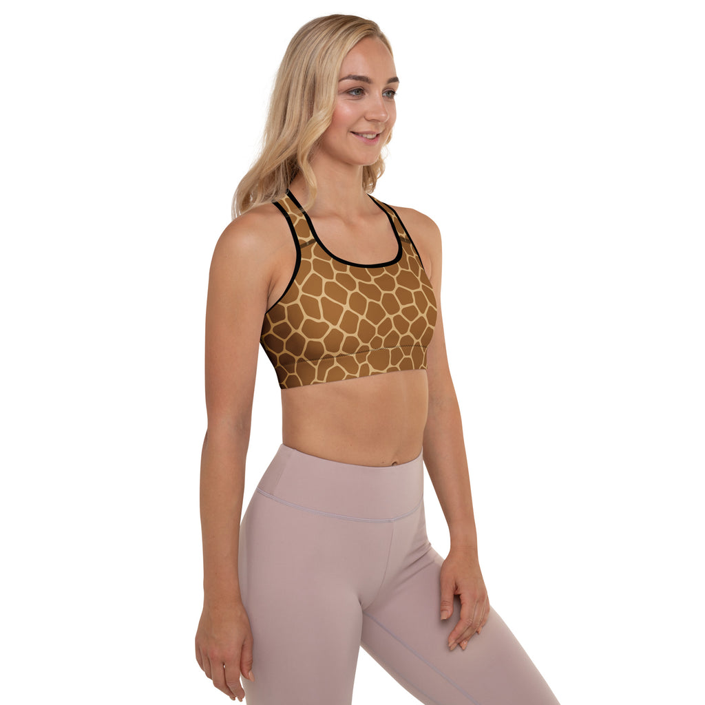 Women’s giraffe print padded sports bra with black trim and tan polygonal pattern buttery soft and quick dry