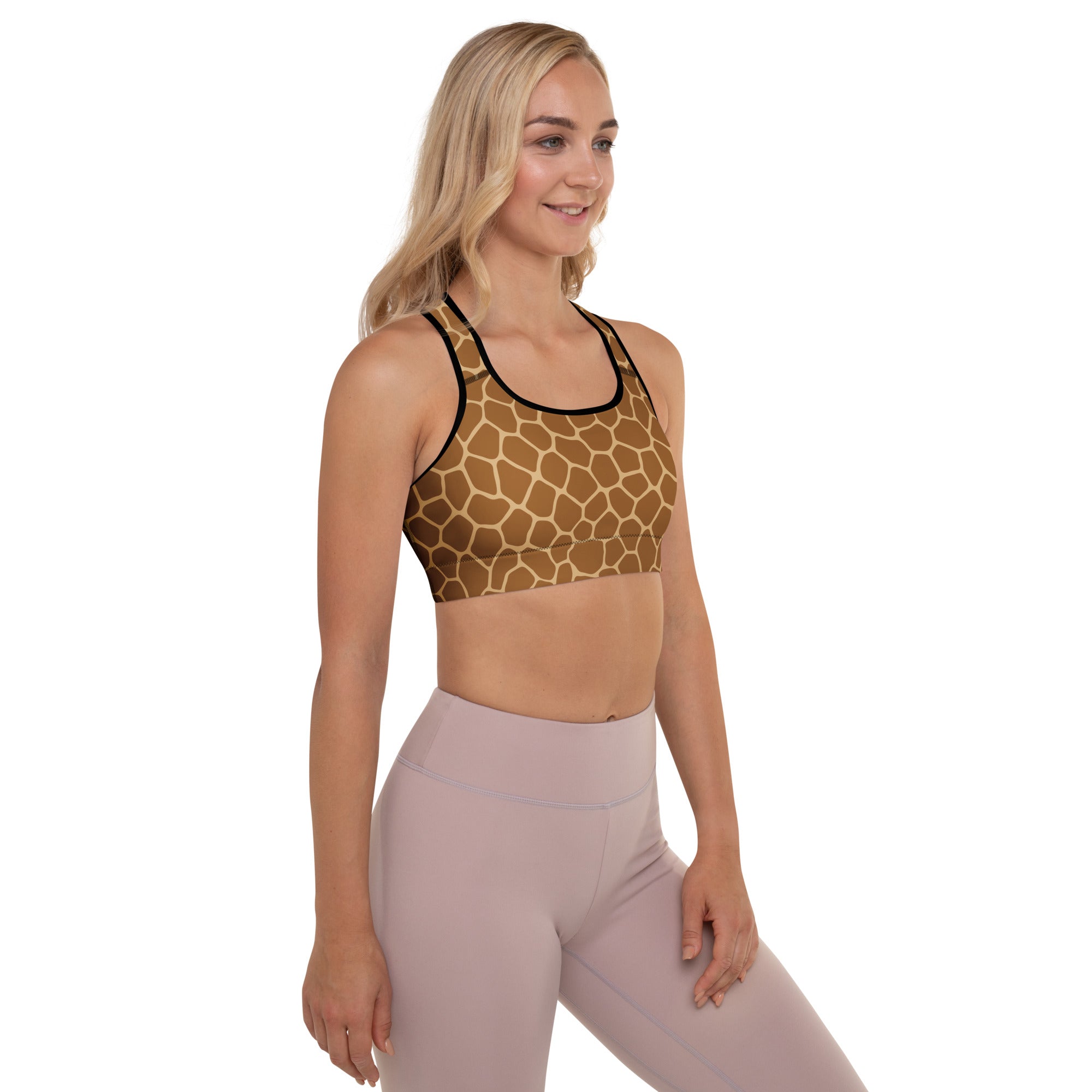 Women’s giraffe print padded sports bra with black trim and tan polygonal pattern buttery soft and quick dry