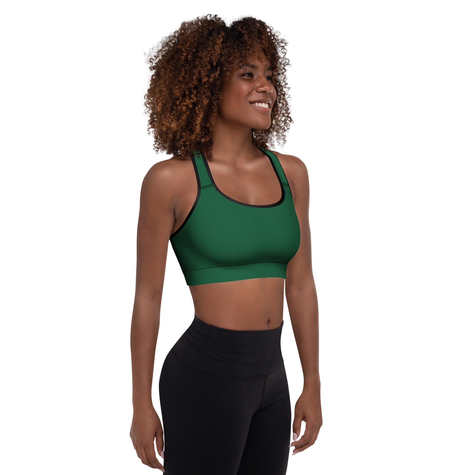 Women’s dark green padded sports bra with black trim, buttery soft, supportive, and quick-dry material for workouts