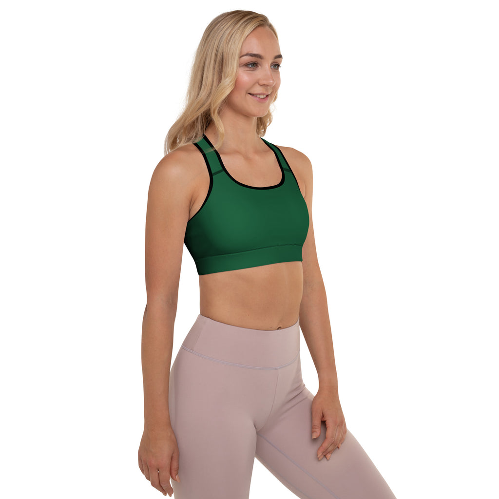 Women’s dark green padded sports bra with black trim buttery soft supportive and quick-dry fabric