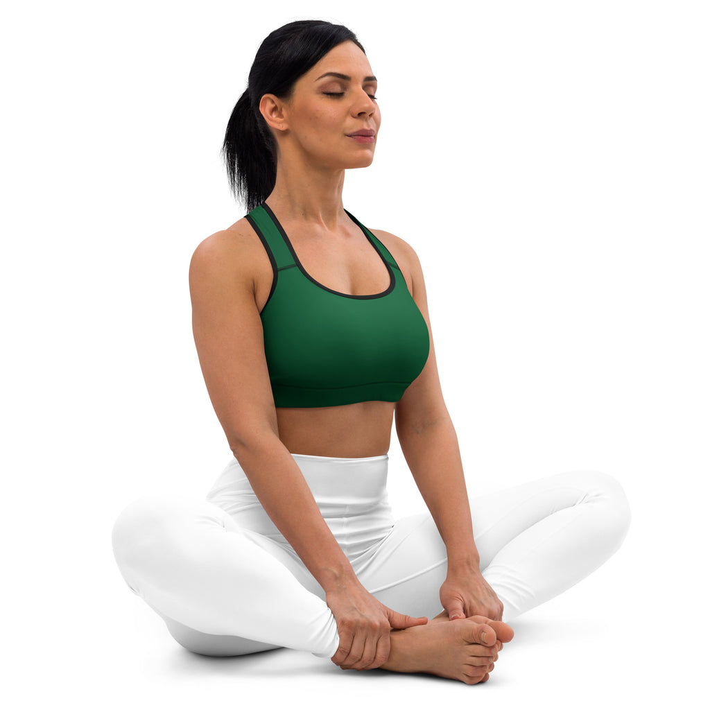 Women’s dark green padded sports bra with black trim buttery soft supportive quick-dry fabric front view