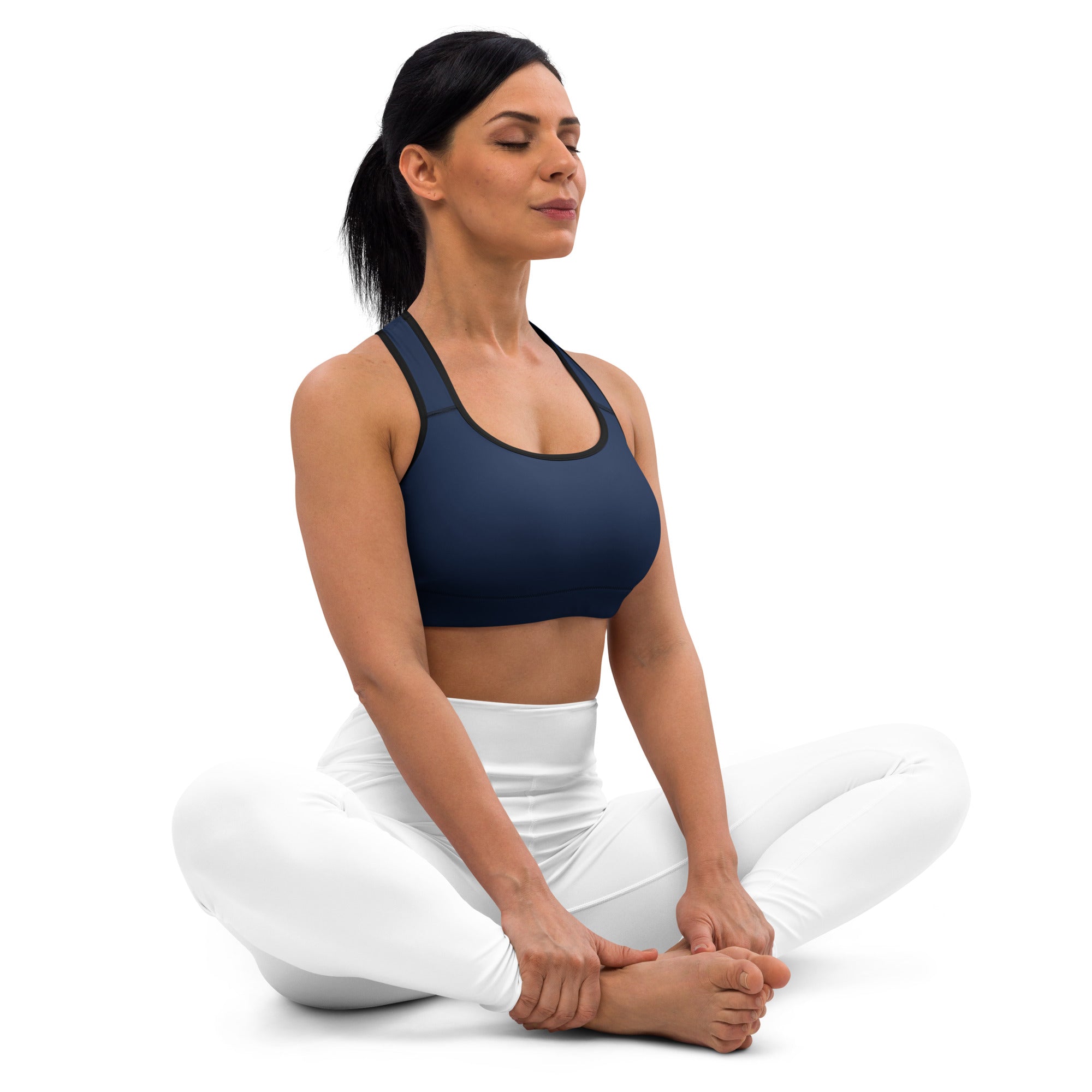 Women’s navy padded sports bra with black trim, buttery soft, supportive, and quick-dry for active use