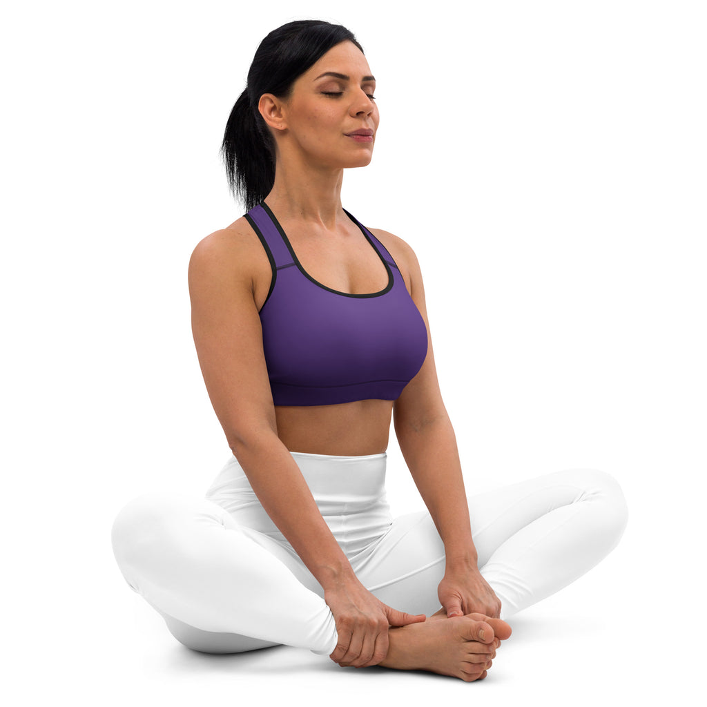 Women’s dark purple padded sports bra with black trim buttery soft supportive and quick-dry fabric for workouts