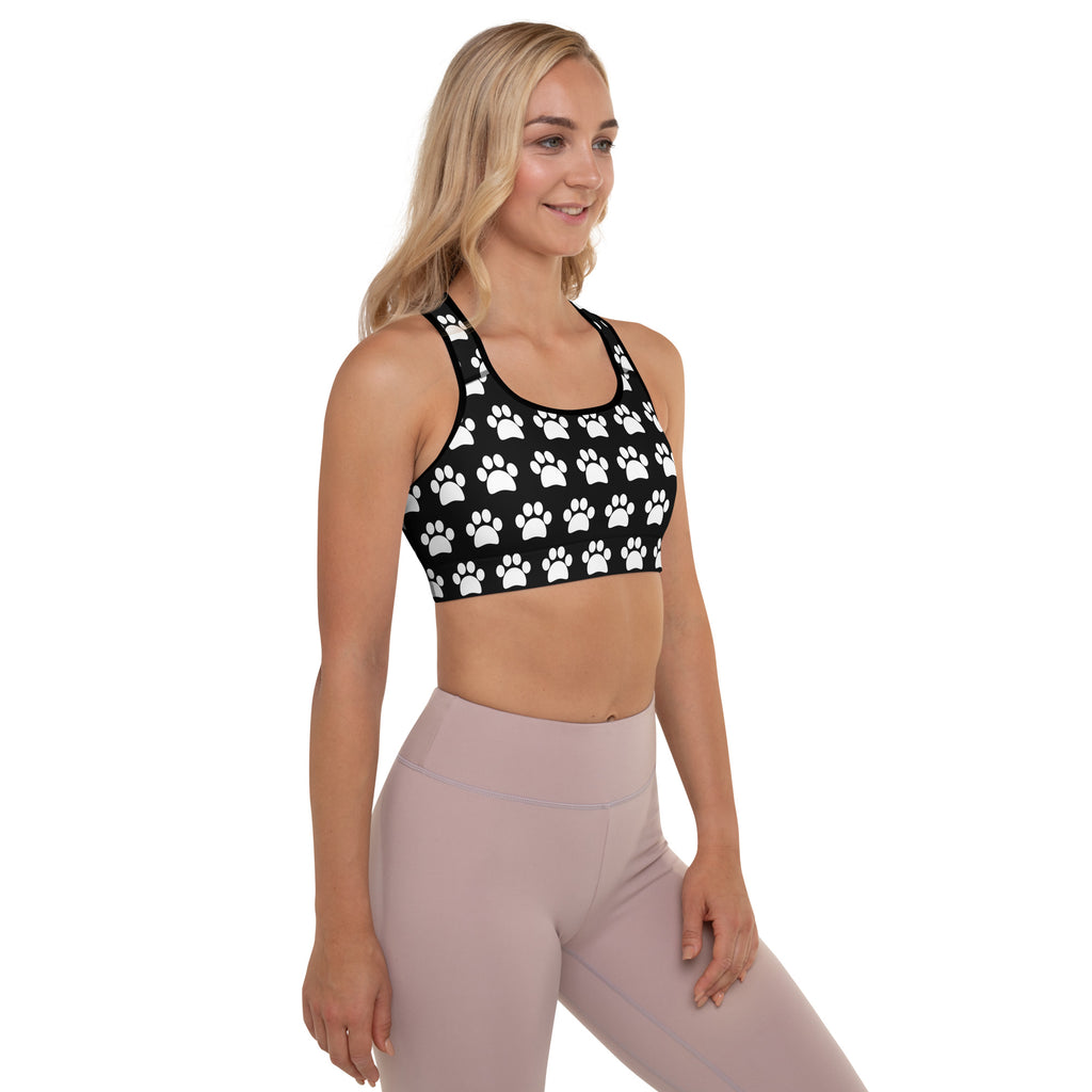 Women’s black paw print padded sports bra with white pattern buttery soft supportive and quick-dry material