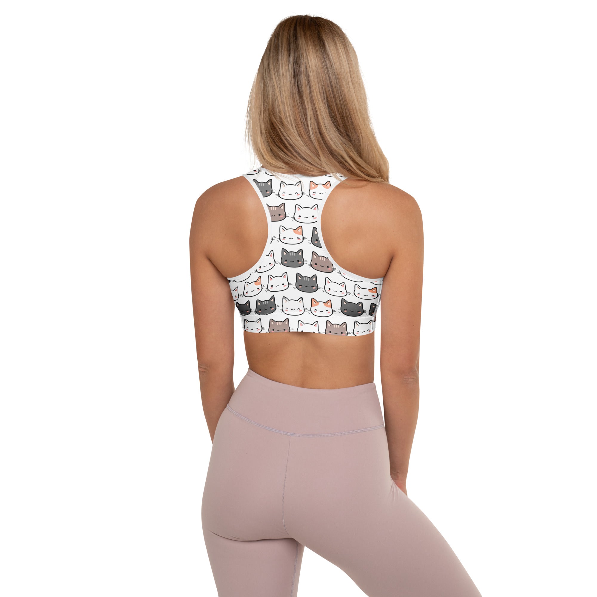 White women’s cat padded sports bra with playful gray black and orange cat faces buttery soft supportive quick-dry