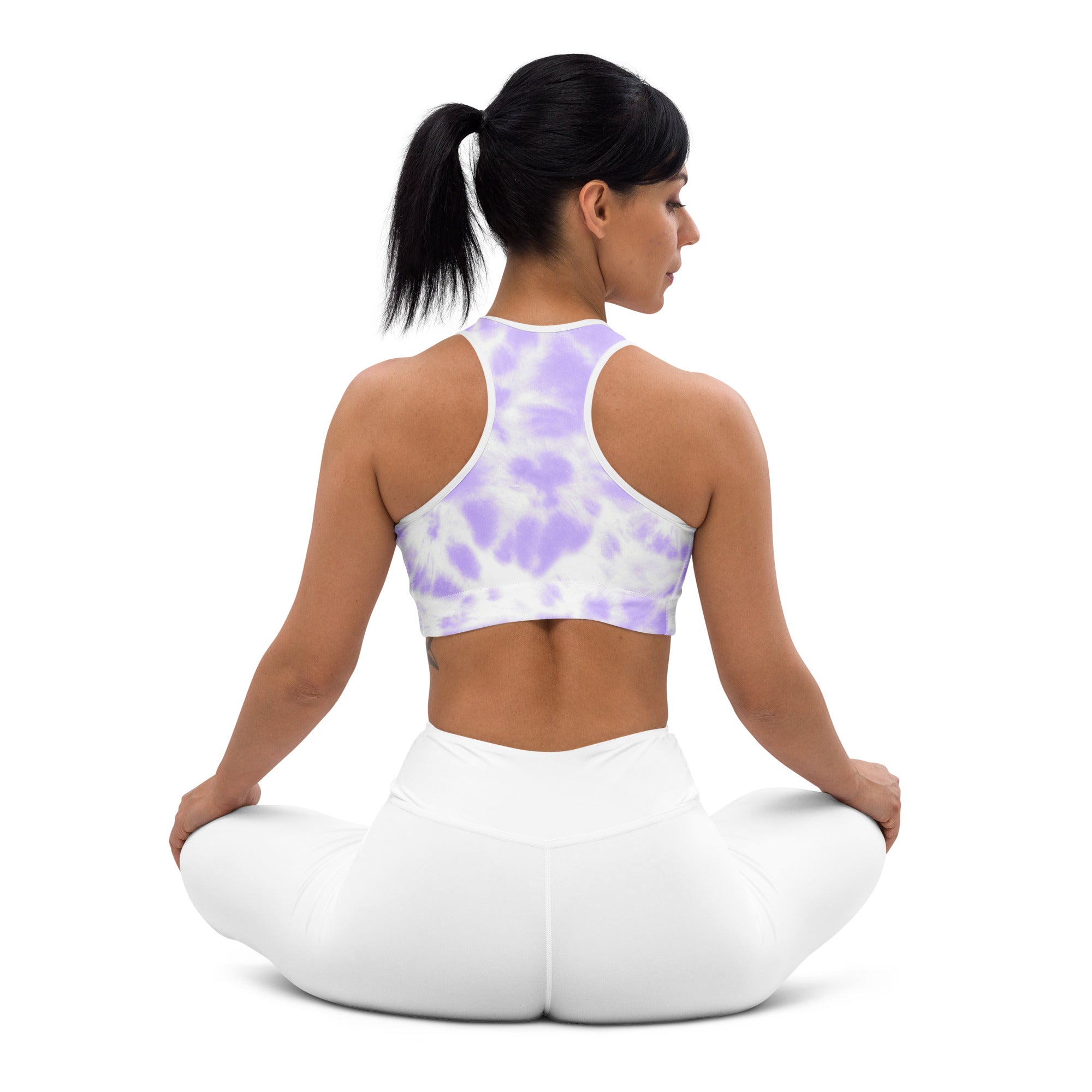 Women’s purple tie dye padded sports bra in lavender and white with a racerback design, buttery soft and quick-dry