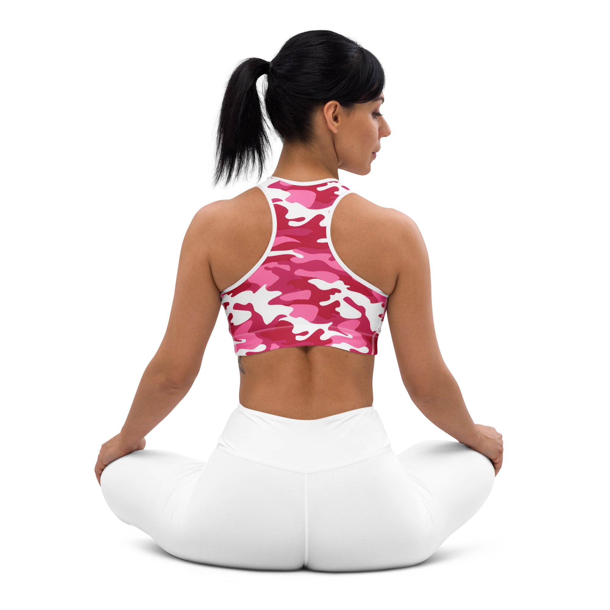 Women’s vibrant pink and white camouflage padded sports bra with high neckline buttery soft supportive quick-dry material
