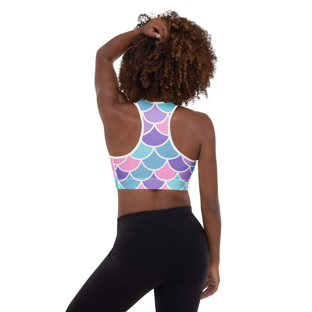 Women’s mermaid scale padded sports bra in pastel purple pink and teal with white trim buttery soft supportive and quick-dry