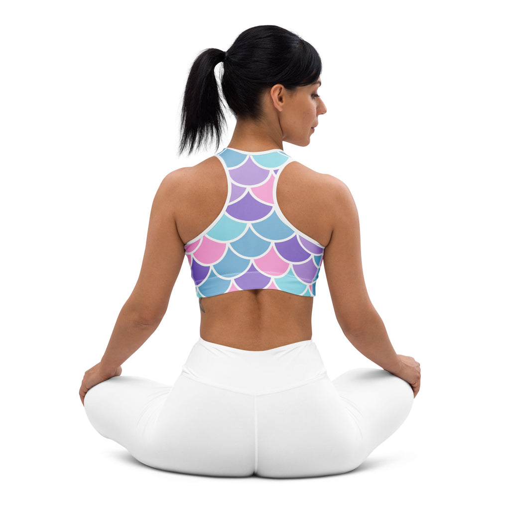 Women’s mermaid scale padded sports bra with pastel pink purple blue pattern white trim buttery soft supportive quick-dry